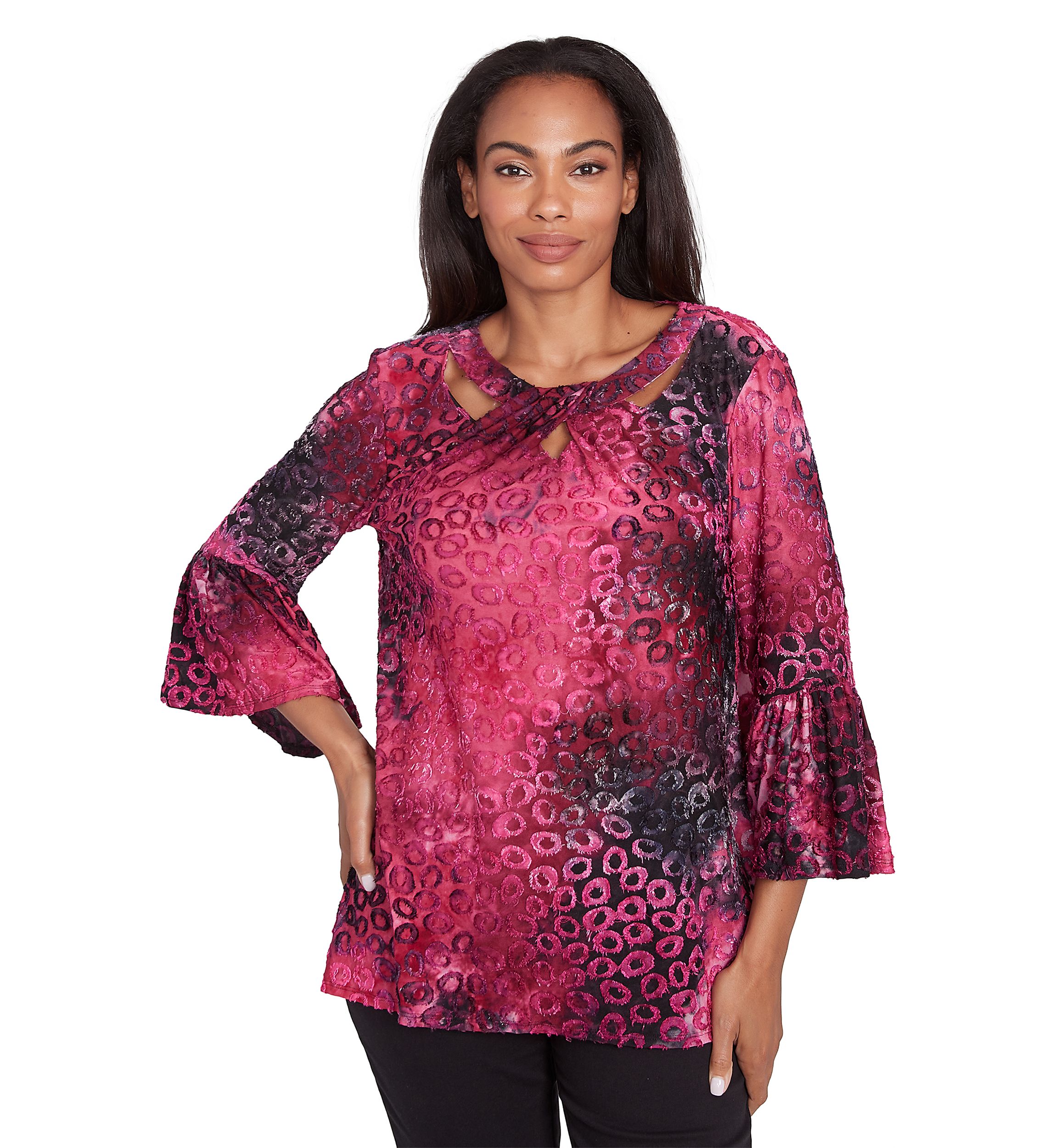 Petite Scoop Neck With Criss Cross Tie Dye Spots Jacquard Knit Sharkbite Top