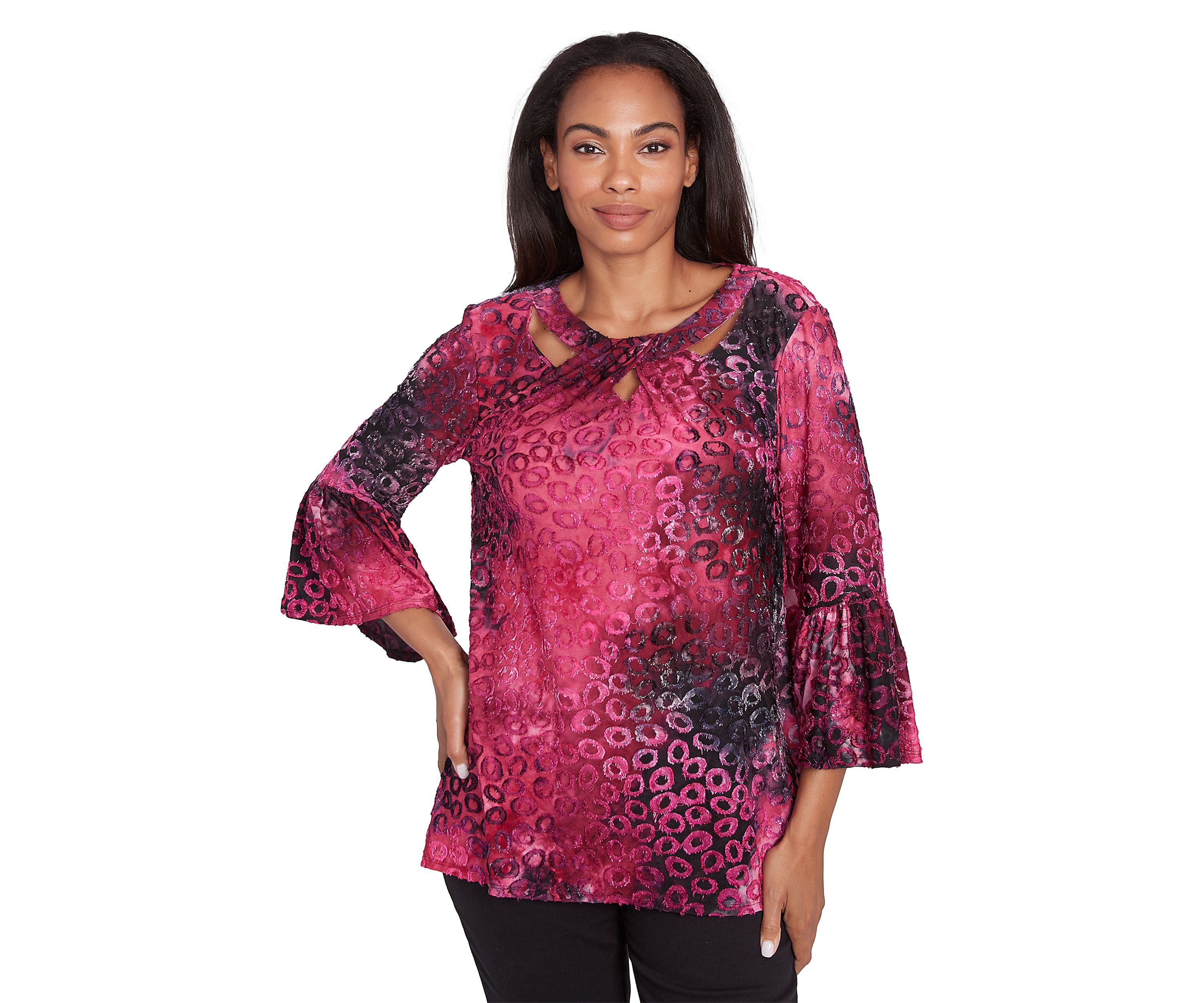 Petite Scoop Neck With Criss Cross Tie Dye Spots Jacquard Knit Sharkbite Top