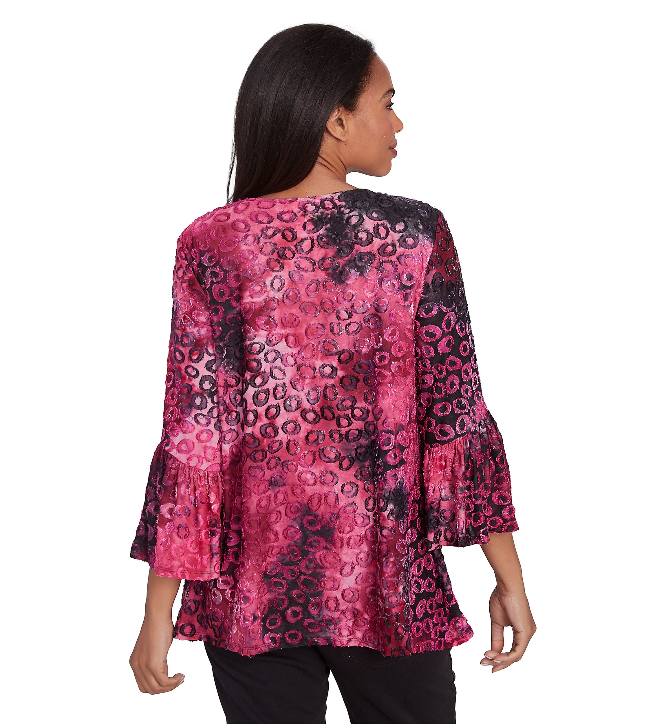 Petite Scoop Neck With Criss Cross Tie Dye Spots Jacquard Knit Sharkbite Top