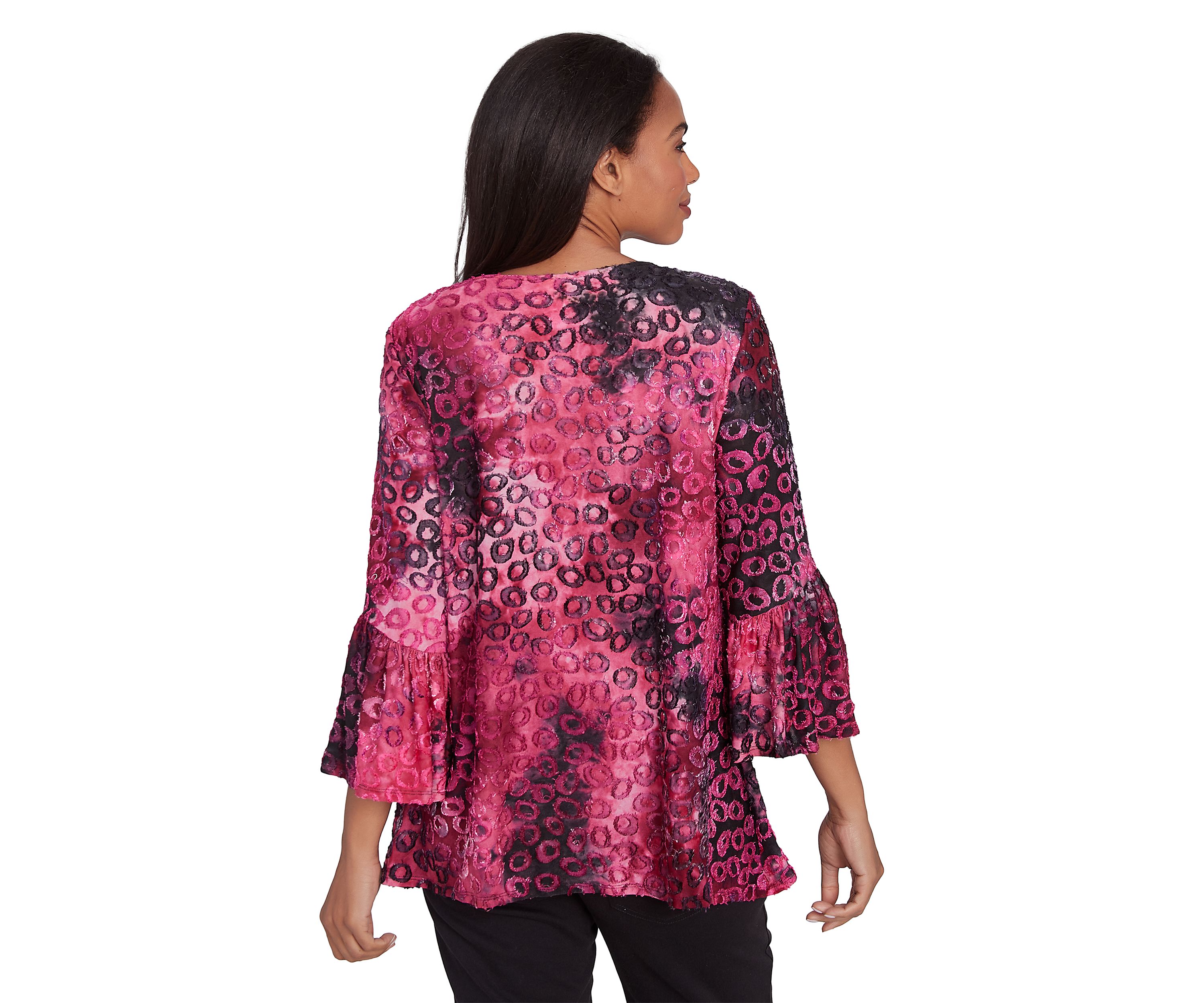 Petite Scoop Neck With Criss Cross Tie Dye Spots Jacquard Knit Sharkbite Top