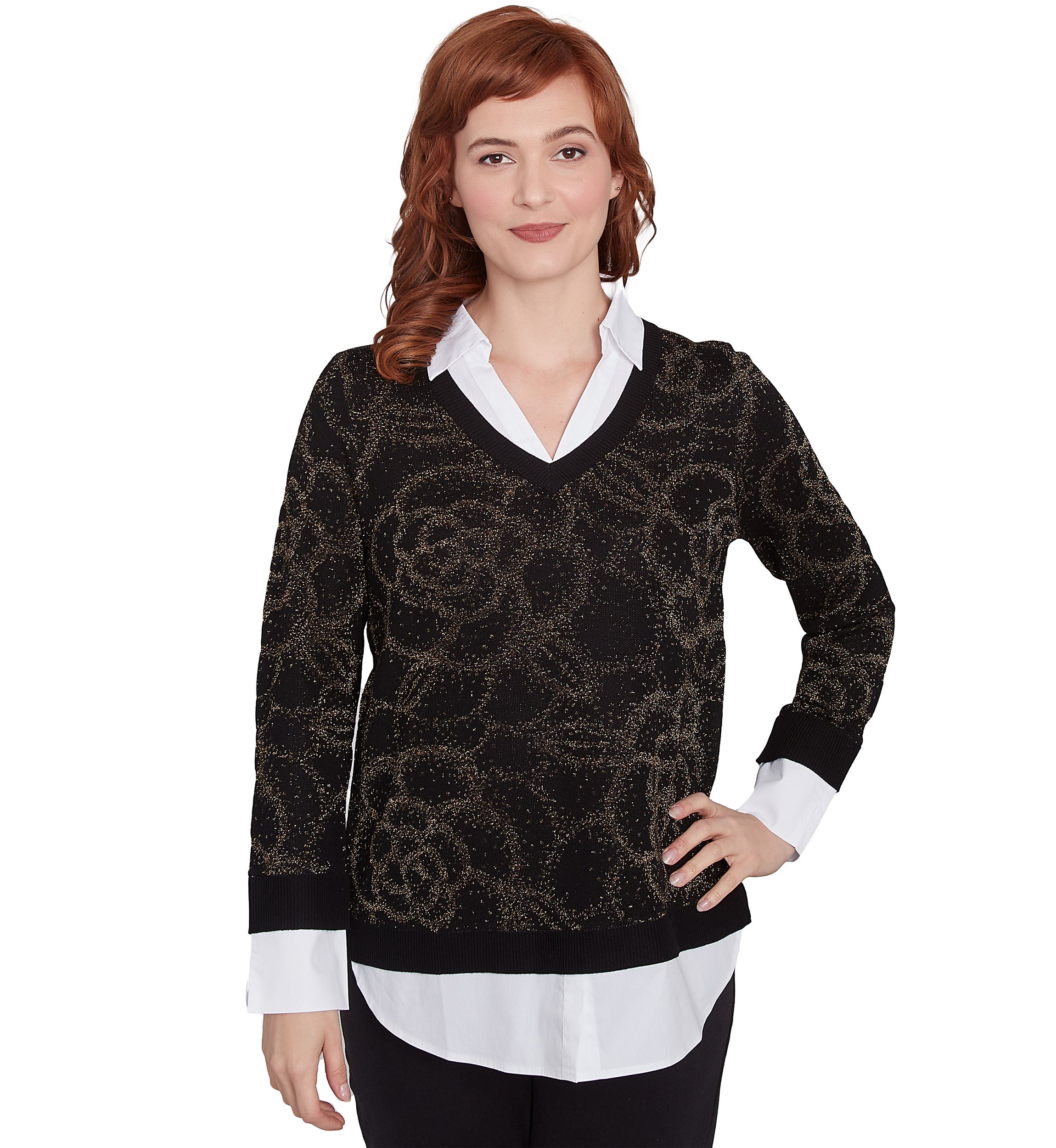 Petite Floral Metallic Jacquard Sweater with Poplin Shirting TwoFer Top