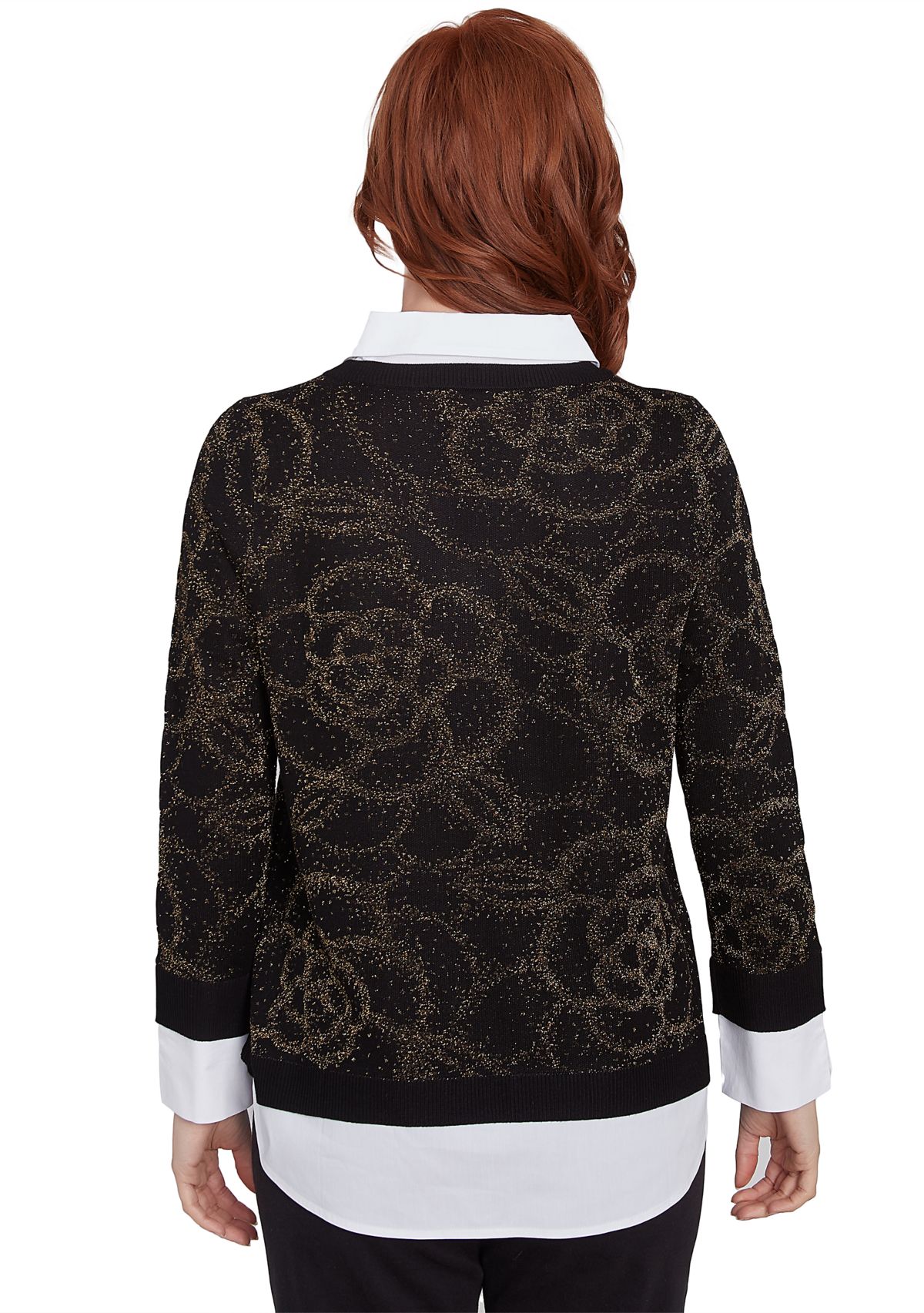 Petite Floral Metallic Jacquard Sweater with Poplin Shirting TwoFer Top