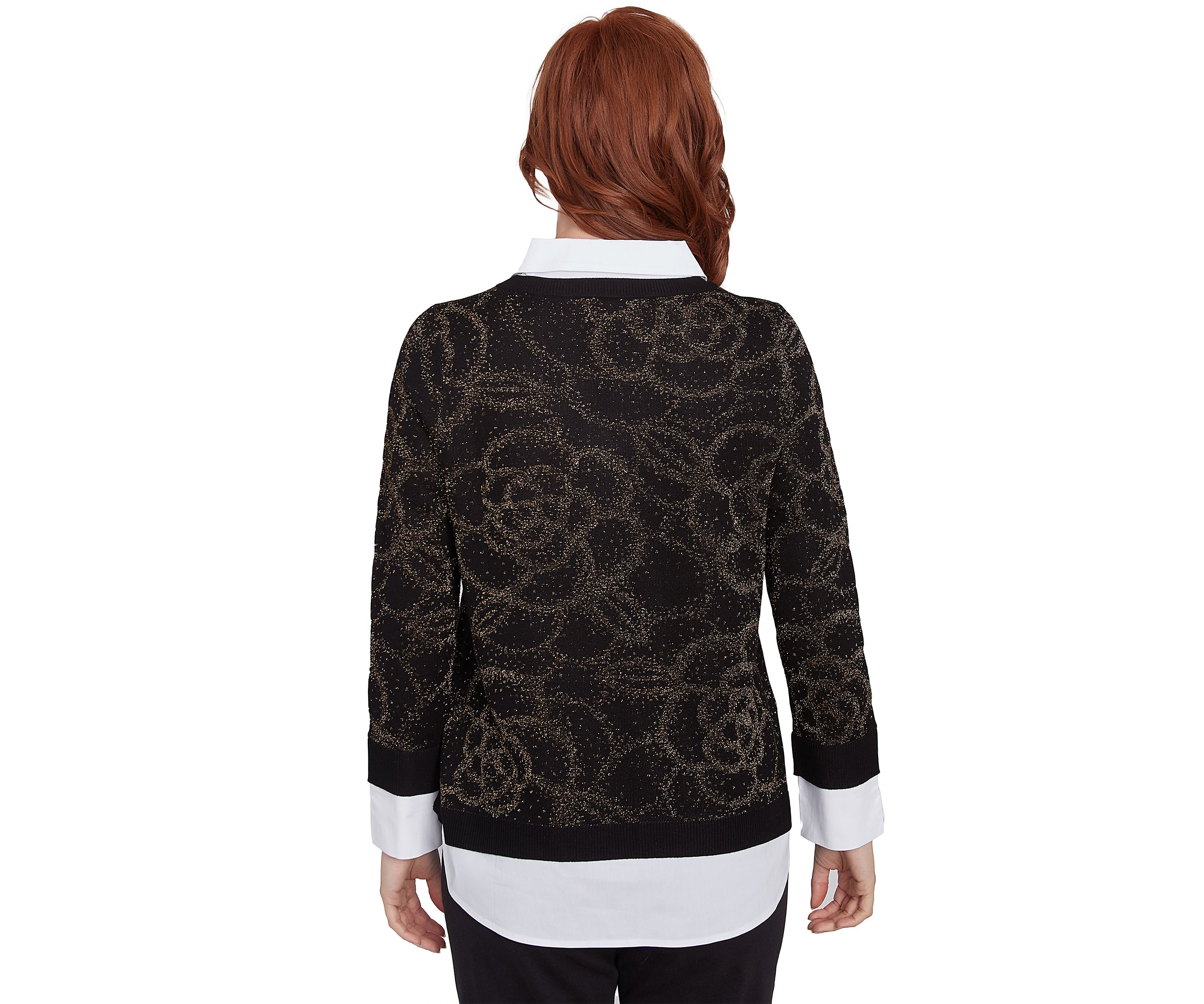 Petite Floral Metallic Jacquard Sweater with Poplin Shirting TwoFer Top