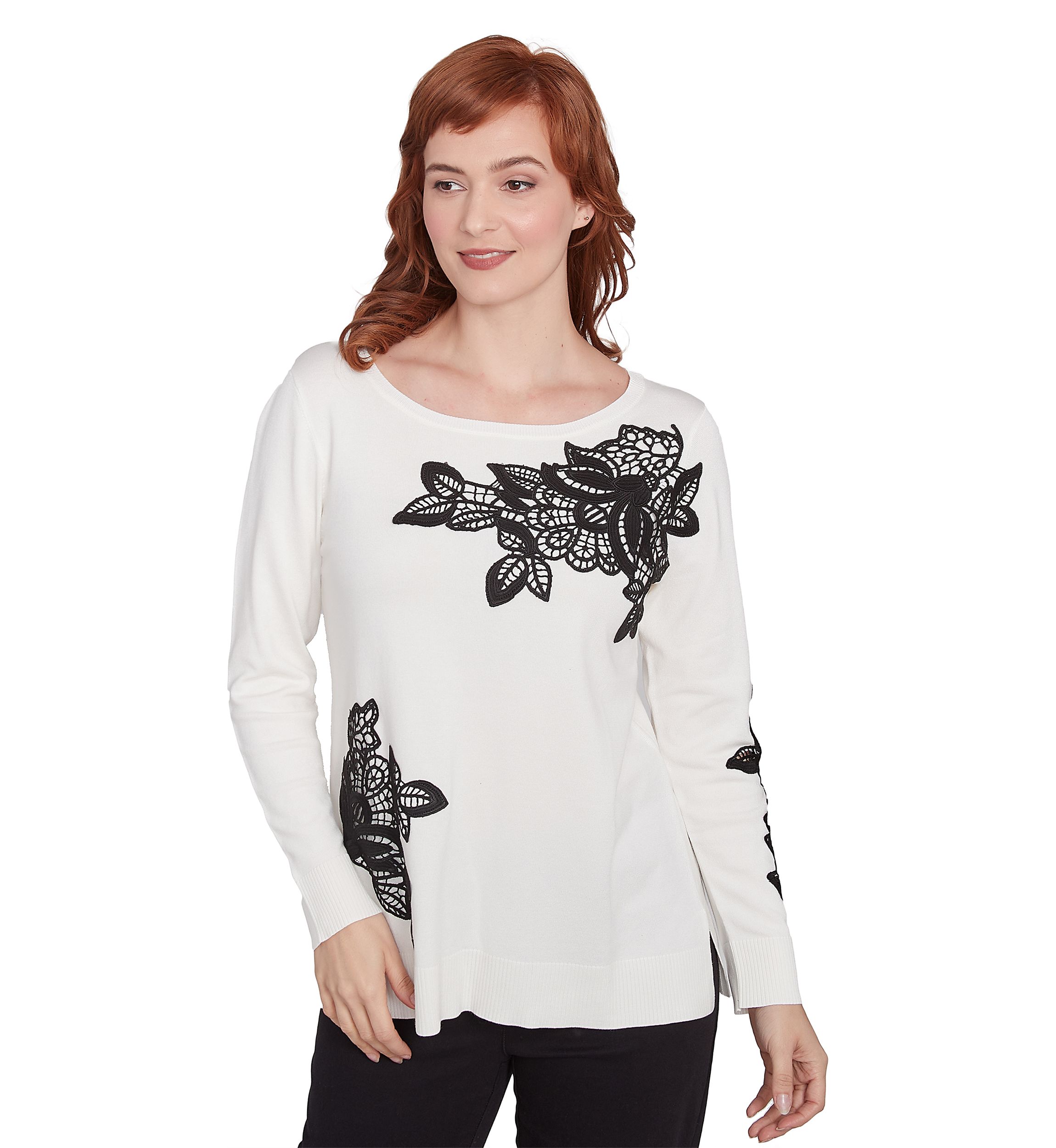 Petite Floral Lace Fine Gauge Sweater