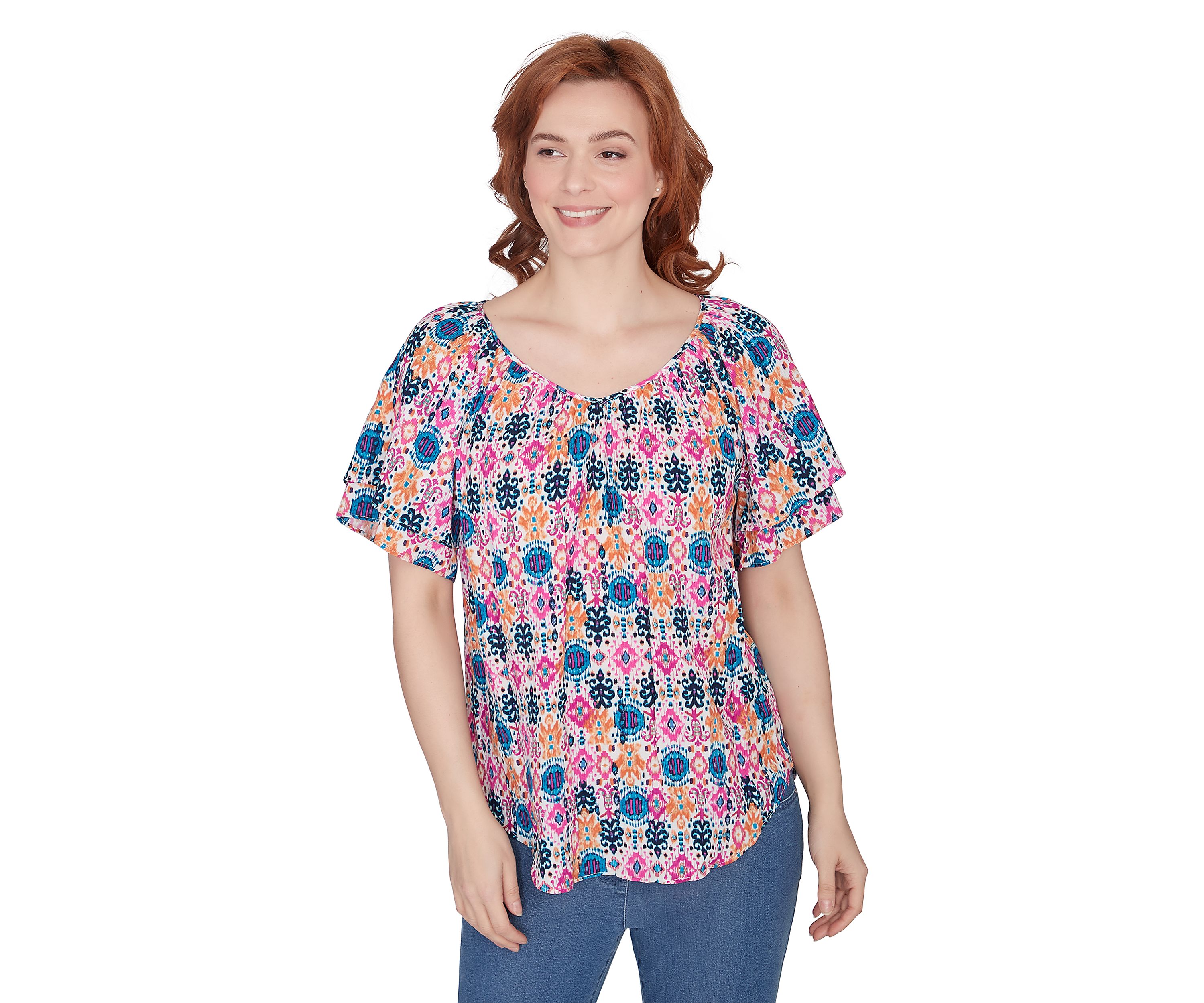 Petite Diamond Ikat Ruffle Sleeve T-Shirt