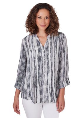 Petite Woven Stripe Button Front Top