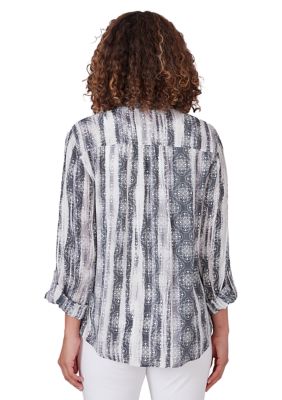 Petite Woven Stripe Button Front Top