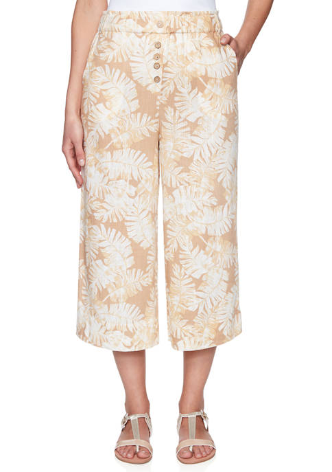 Womens Golden Hour Pull-On Palm Leaf Printed Laundered Linen Capris