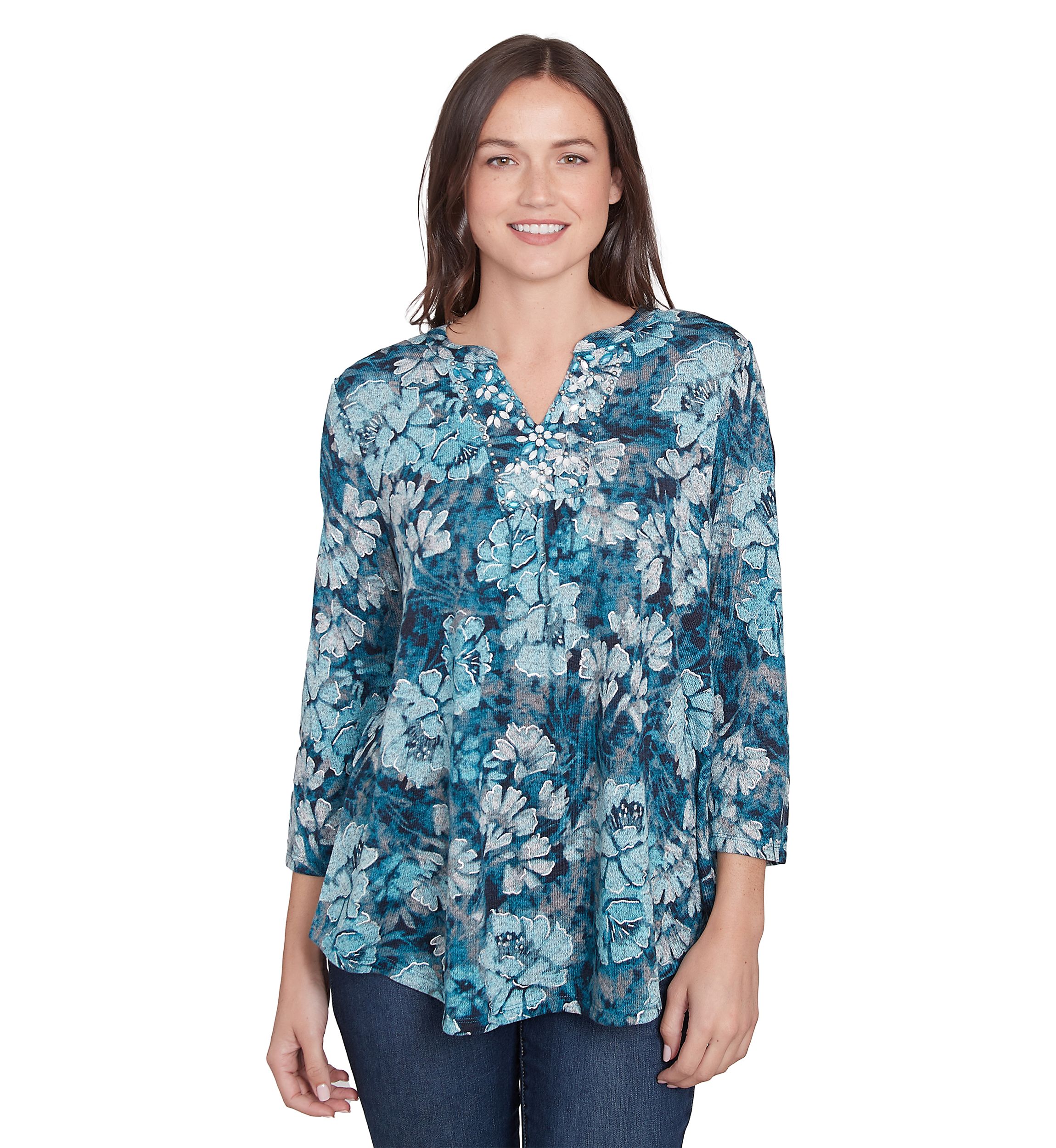 Womens Embellished Wintery Floral Hacci Top