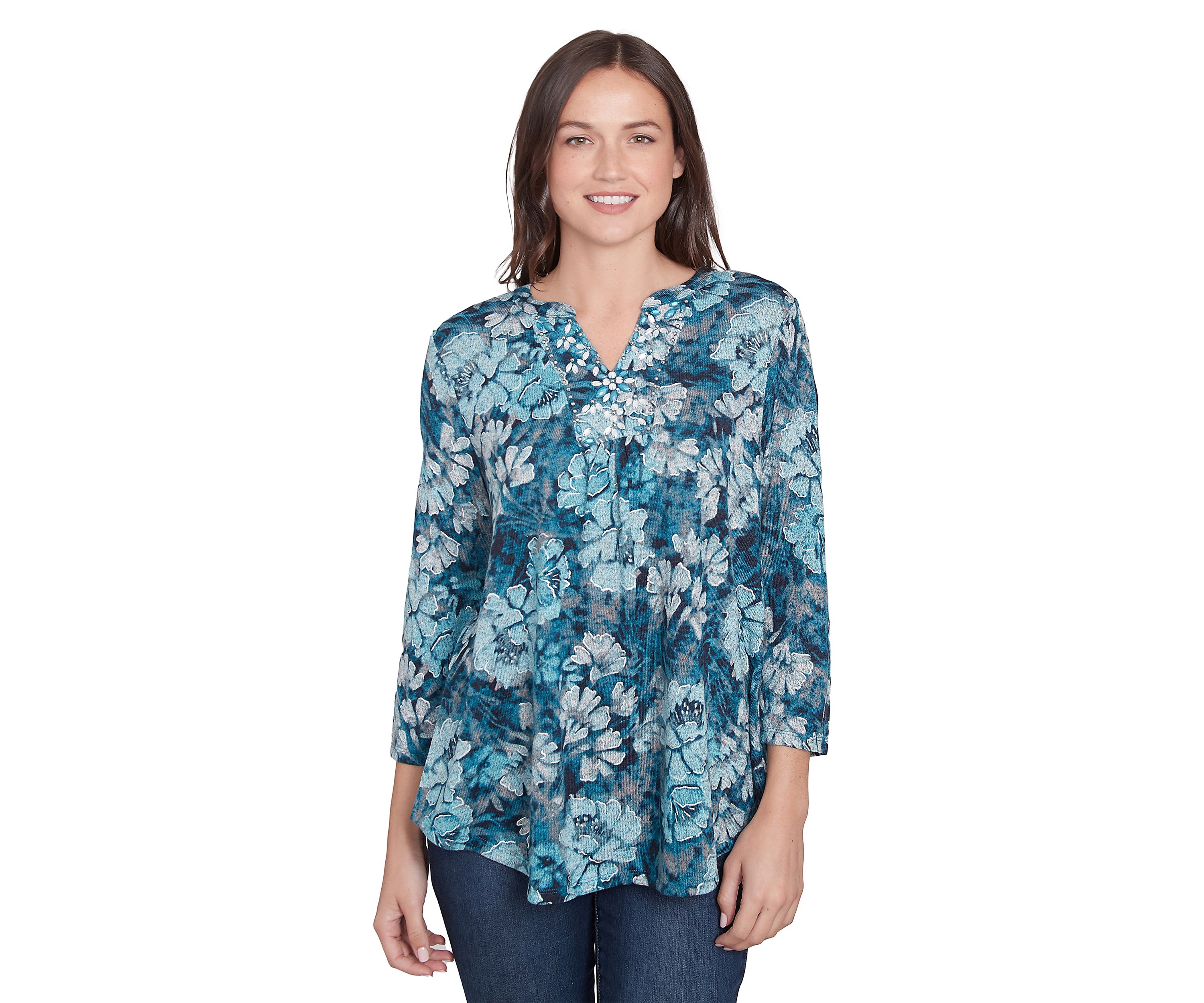 Womens Embellished Wintery Floral Hacci Top
