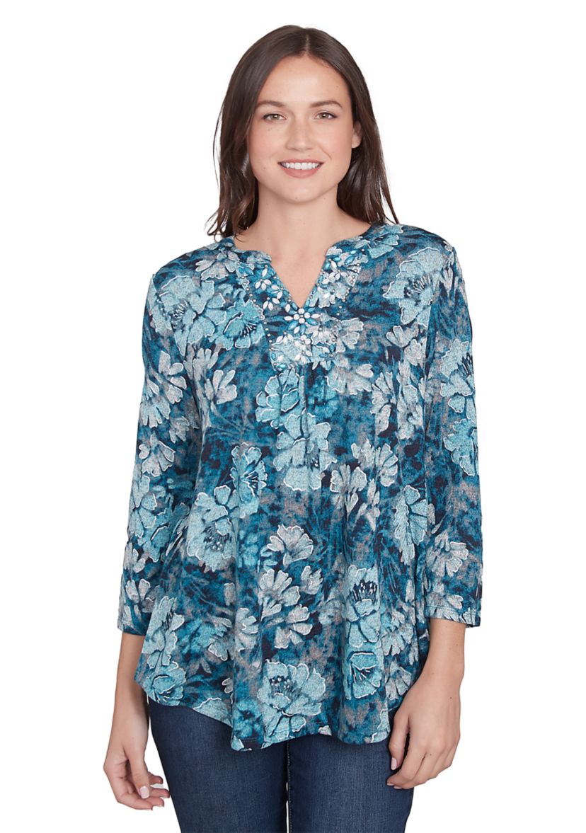Womens Embellished Wintery Floral Hacci Top