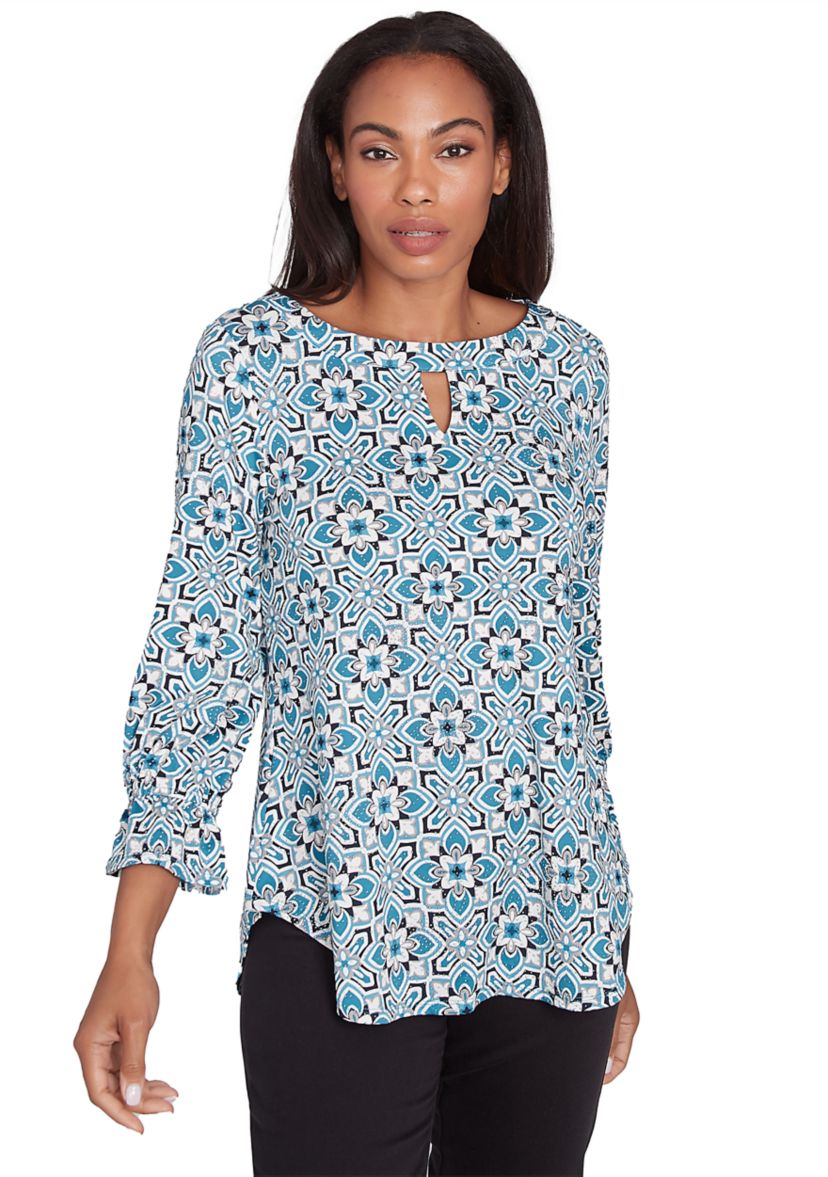 Womens Keyhole Neck Foulard Tiles Print Dew Drop Top