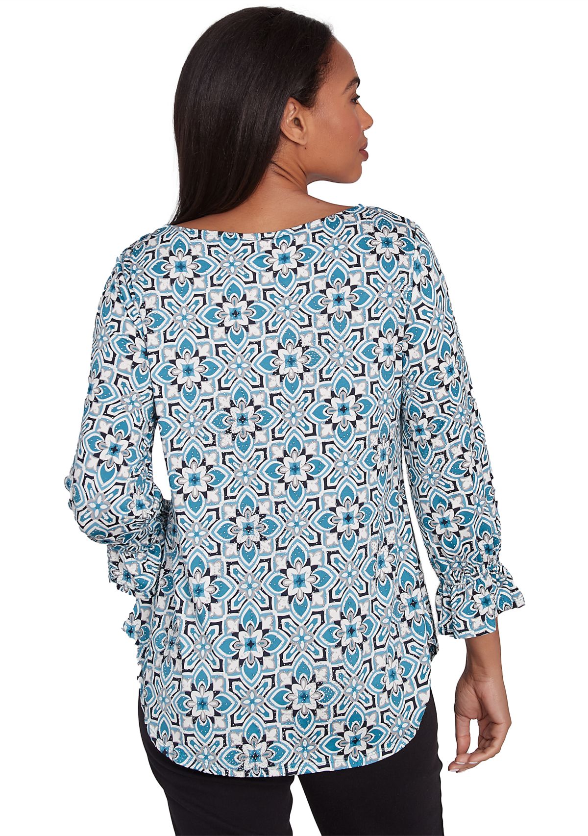 Womens Keyhole Neck Foulard Tiles Print Dew Drop Top