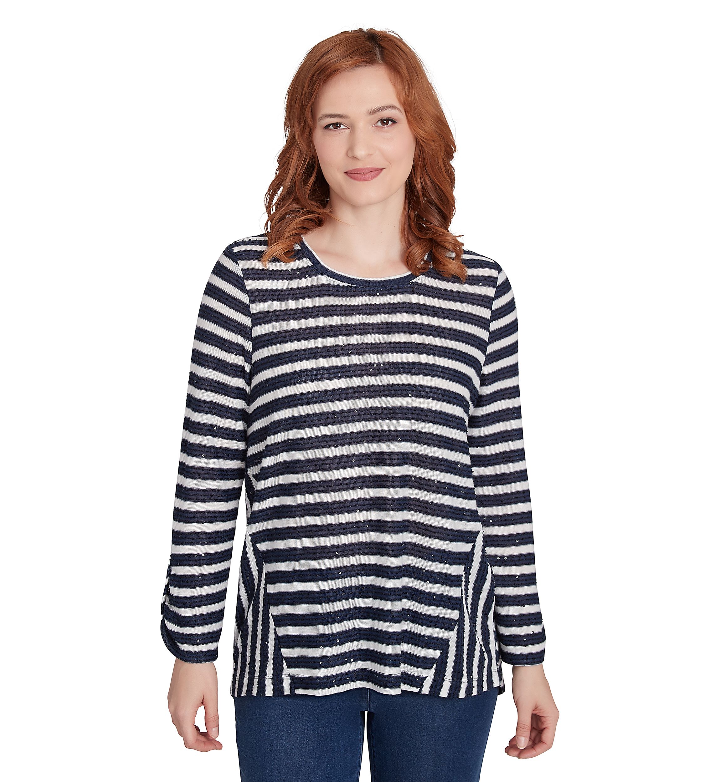 Womens Scoop Neck Sequin Stripe Knit Top with Spliced Stripe Inset Detail