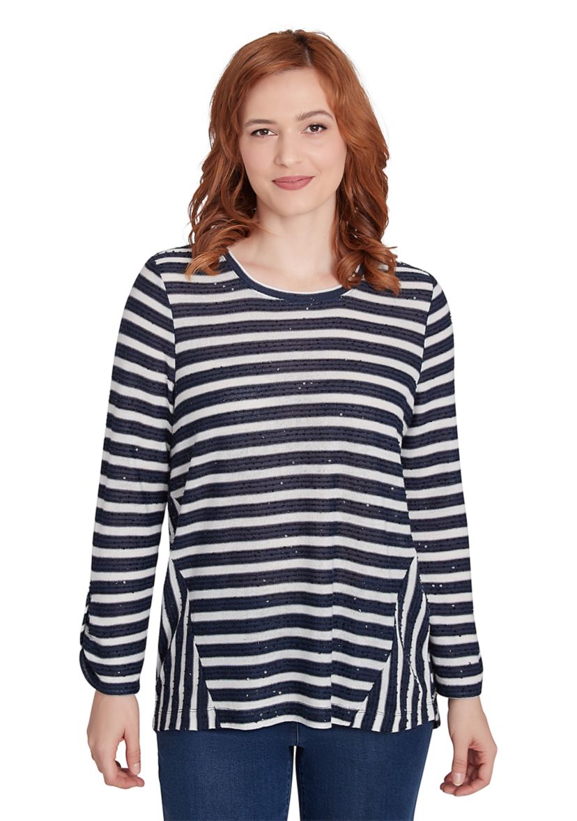 Womens Scoop Neck Sequin Stripe Knit Top with Spliced Stripe Inset Detail