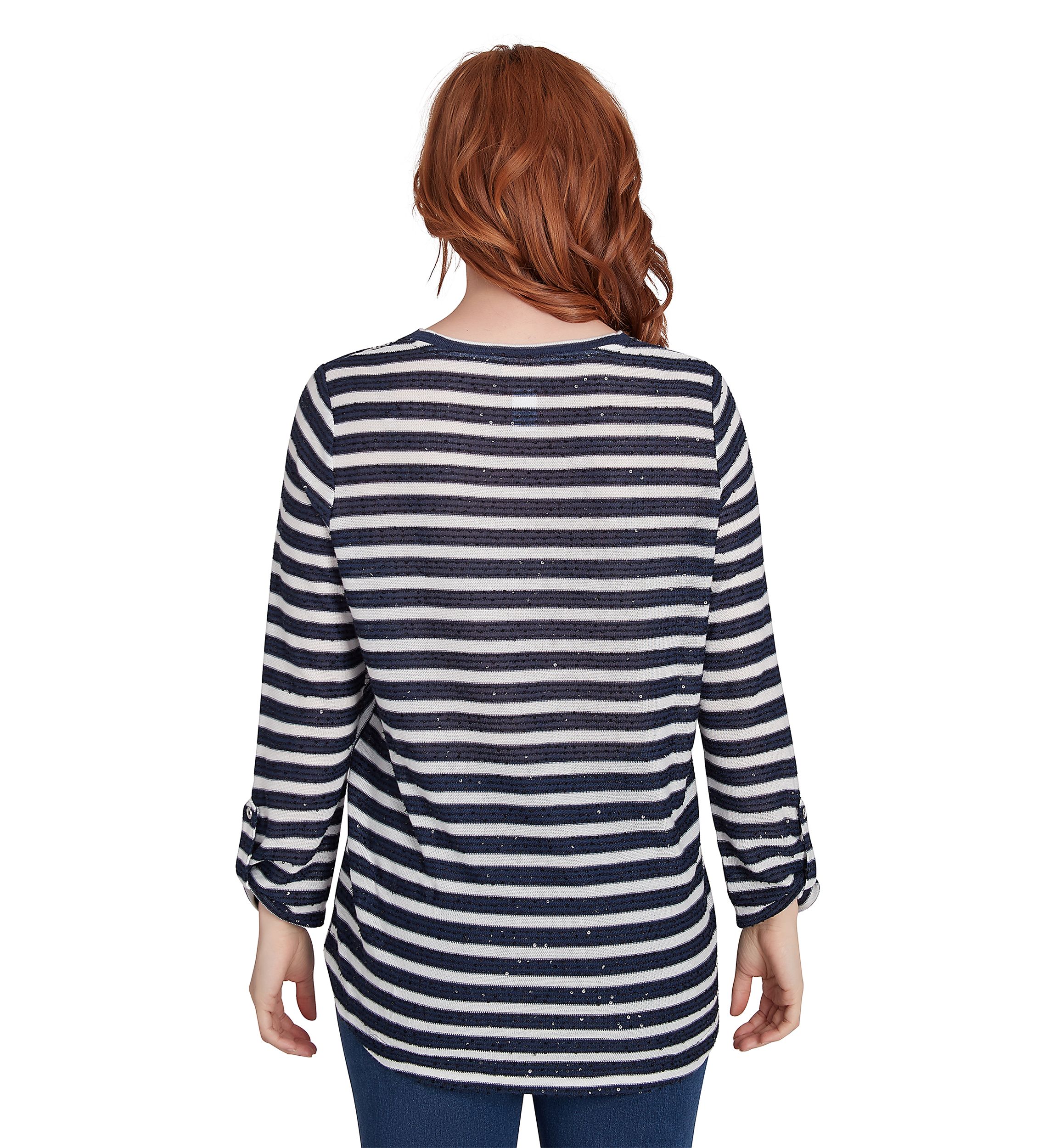 Womens Scoop Neck Sequin Stripe Knit Top with Spliced Stripe Inset Detail