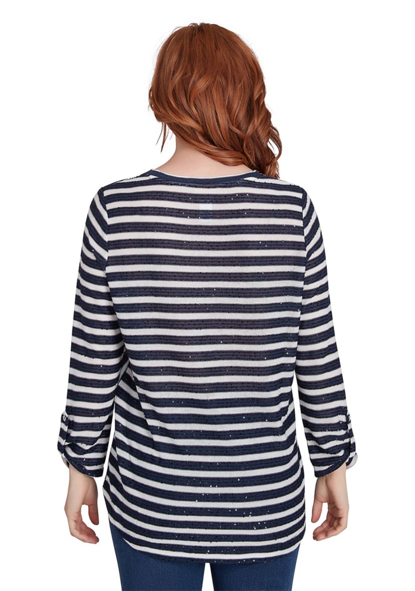 Womens Scoop Neck Sequin Stripe Knit Top with Spliced Stripe Inset Detail