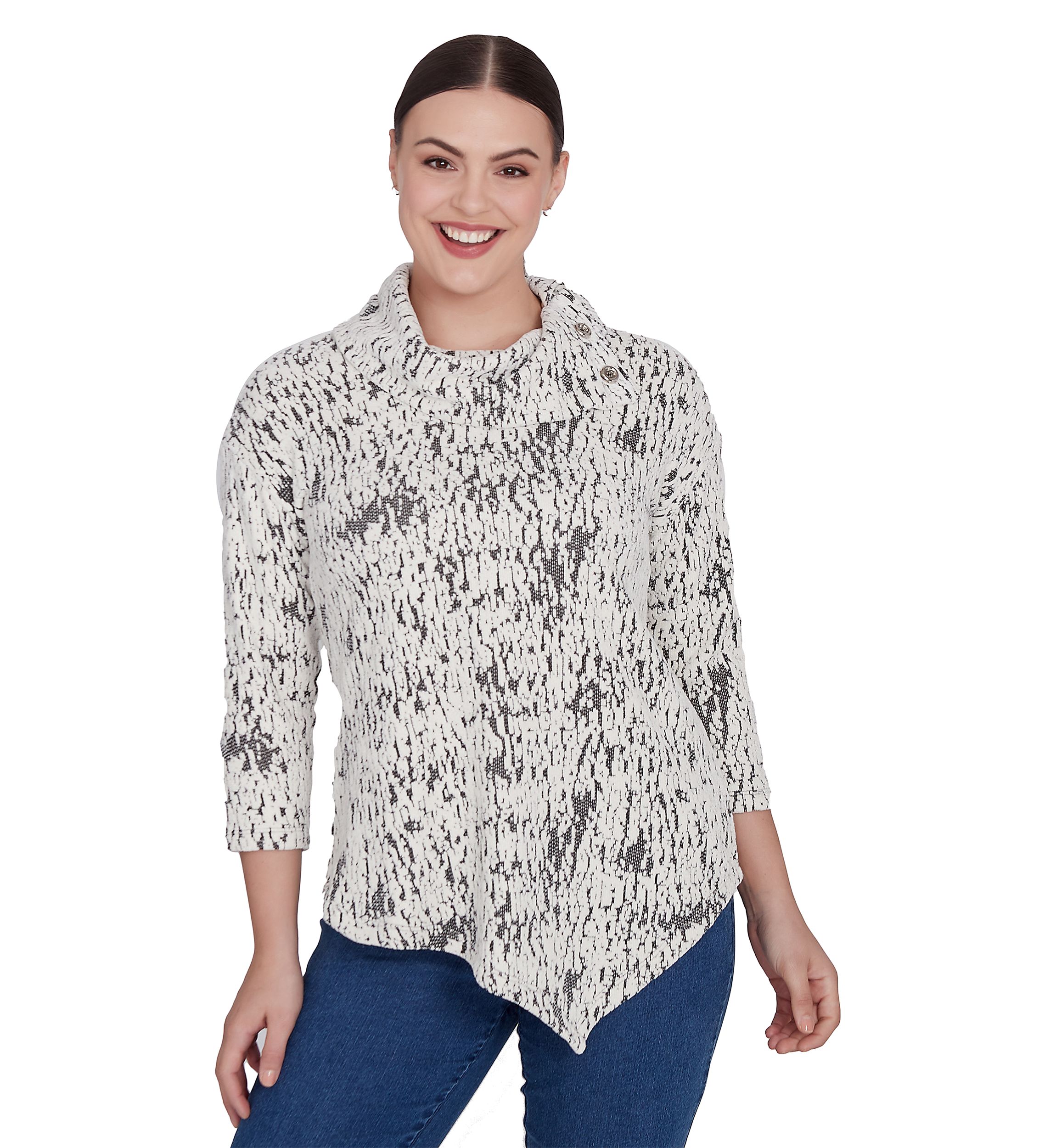 Womens Split Cowl Neck Fois Bois Chenille Jacquard Knit Top With Asymmetric Hem