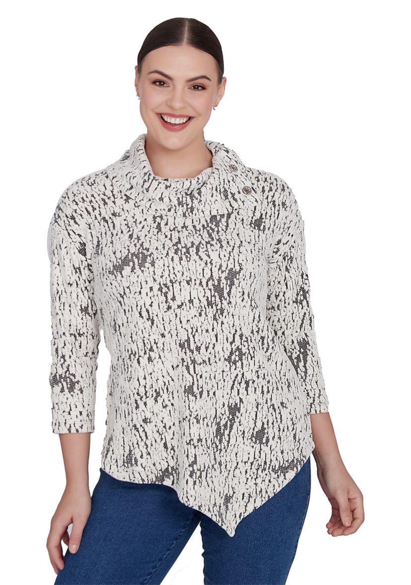 Womens Split Cowl Neck Fois Bois Chenille Jacquard Knit Top With Asymmetric Hem