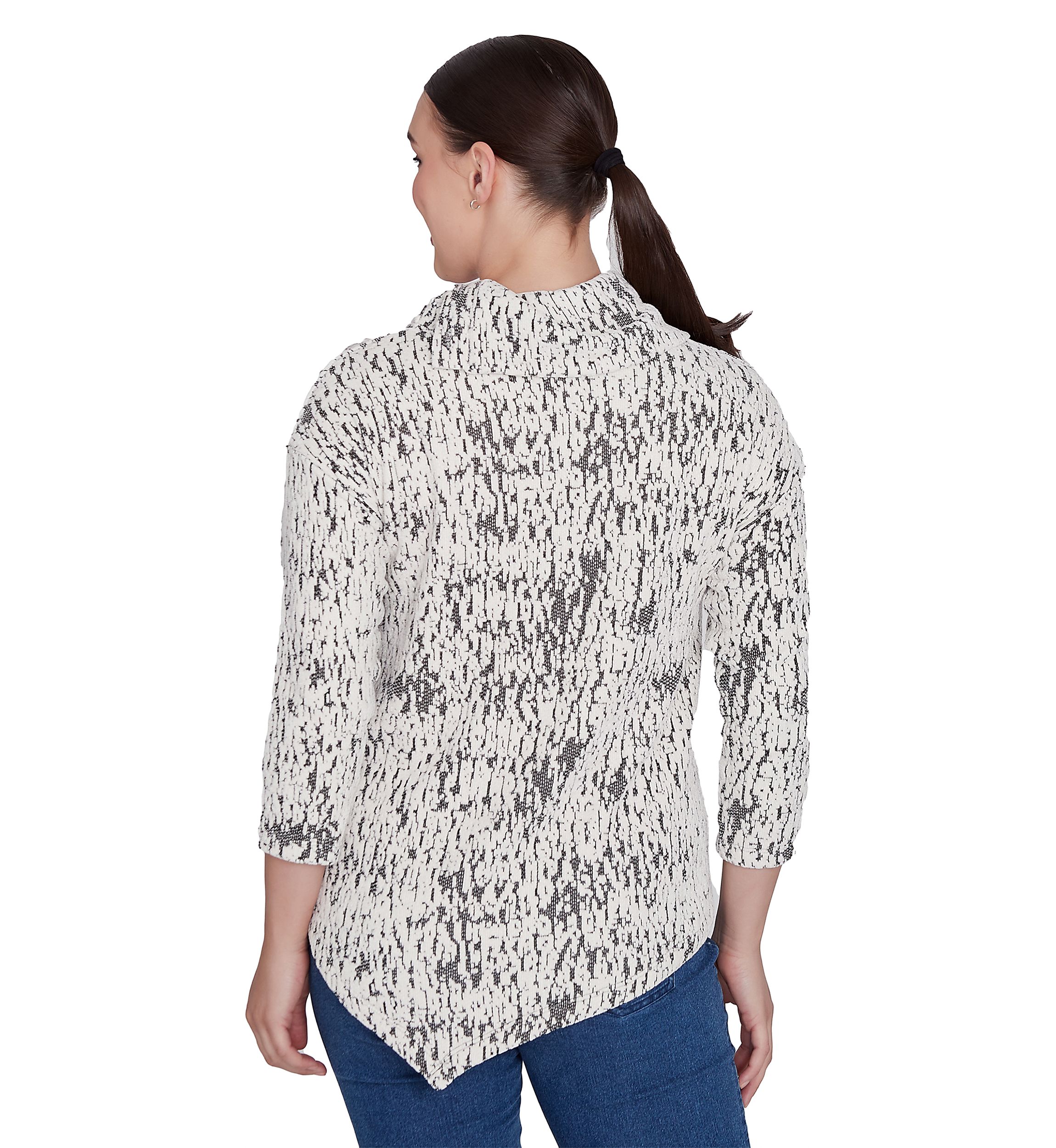 Womens Split Cowl Neck Fois Bois Chenille Jacquard Knit Top With Asymmetric Hem