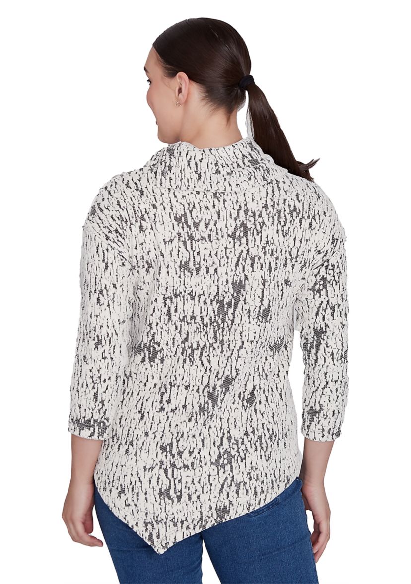 Womens Split Cowl Neck Fois Bois Chenille Jacquard Knit Top With Asymmetric Hem