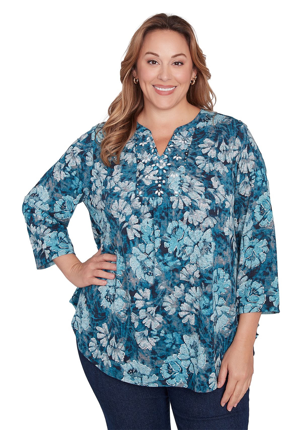 Plus Size Embellished Wintery Floral Hatchi Top