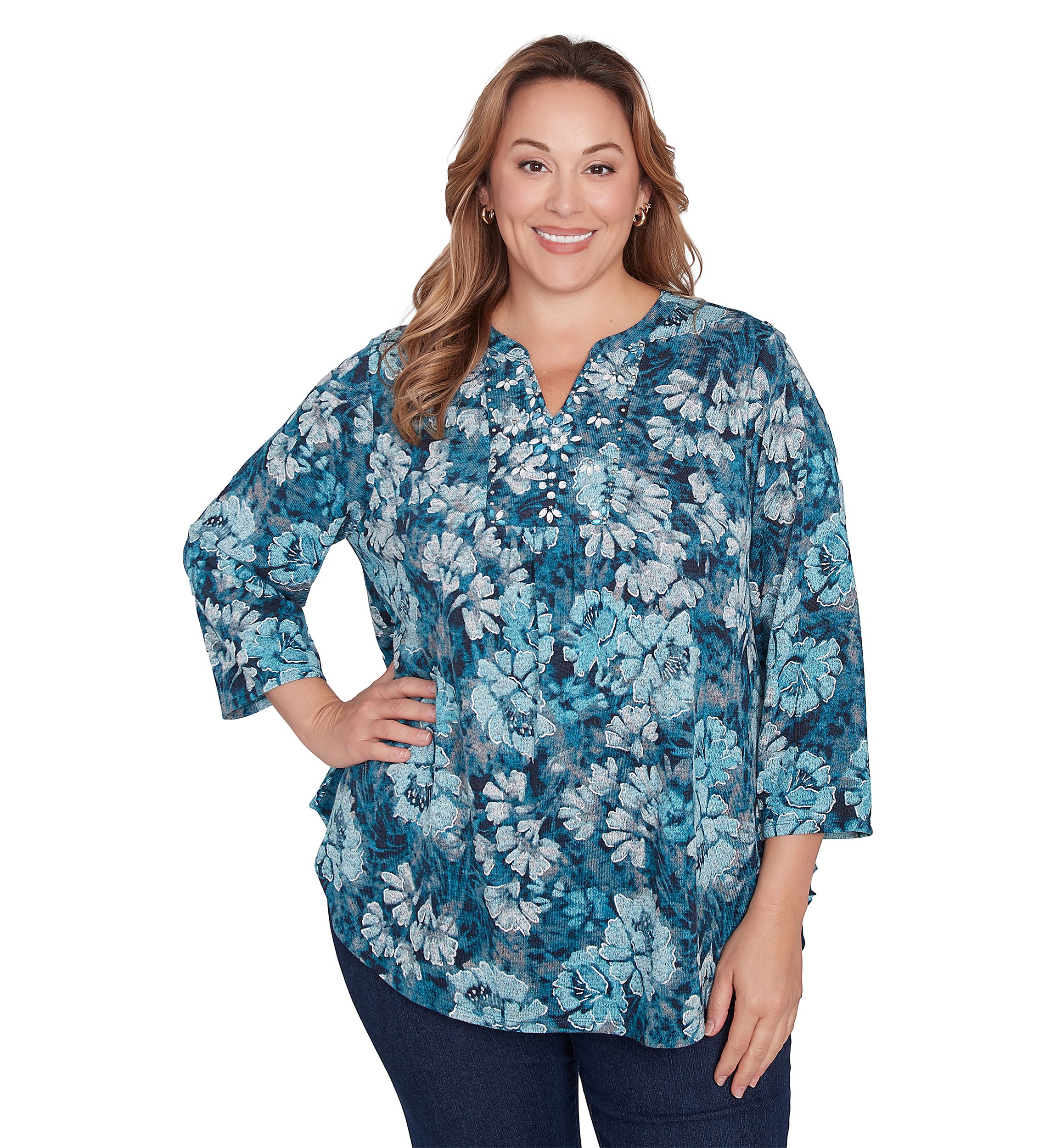 Plus Size Embellished Wintery Floral Hatchi Top