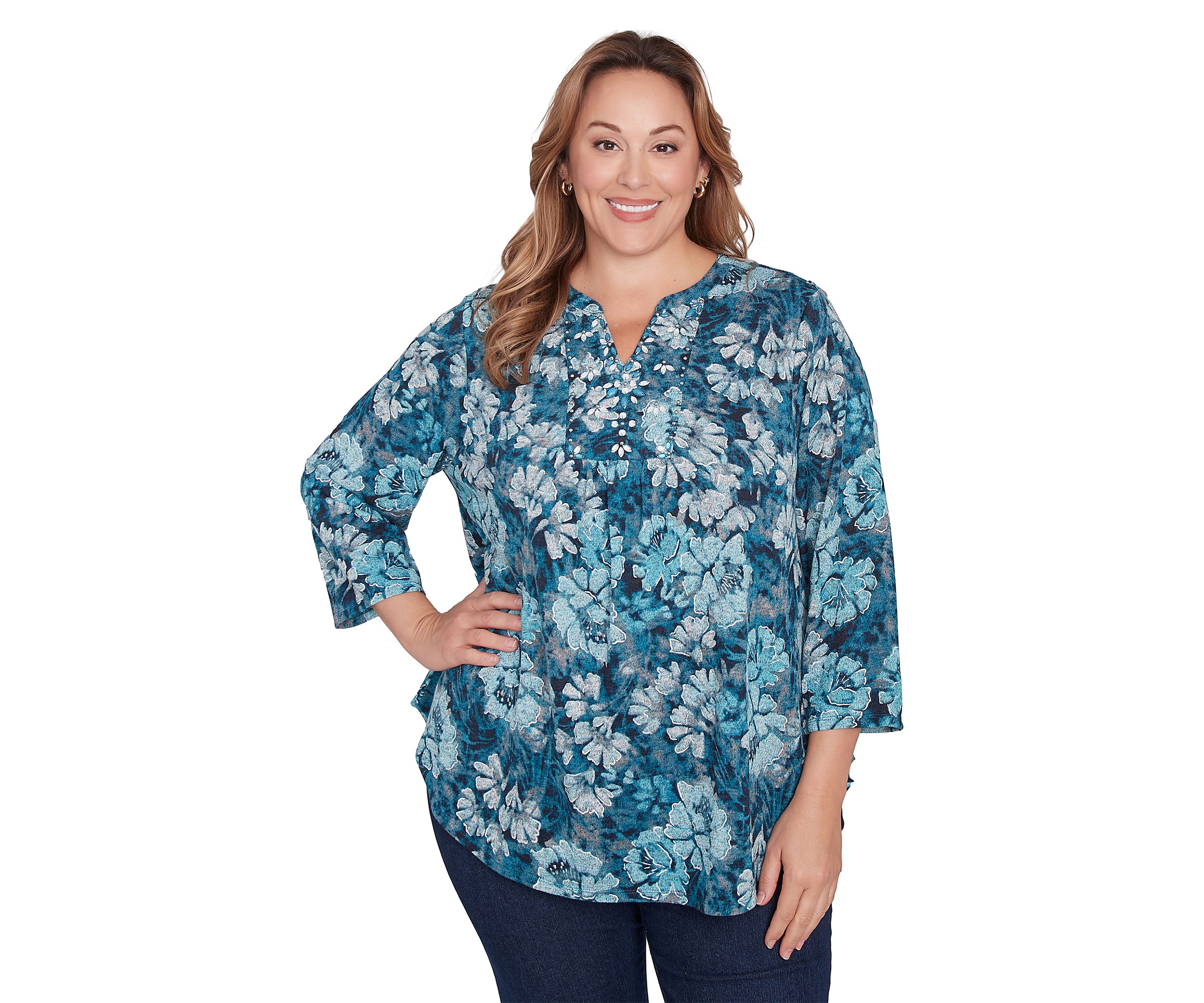 Plus Size Embellished Wintery Floral Hatchi Top