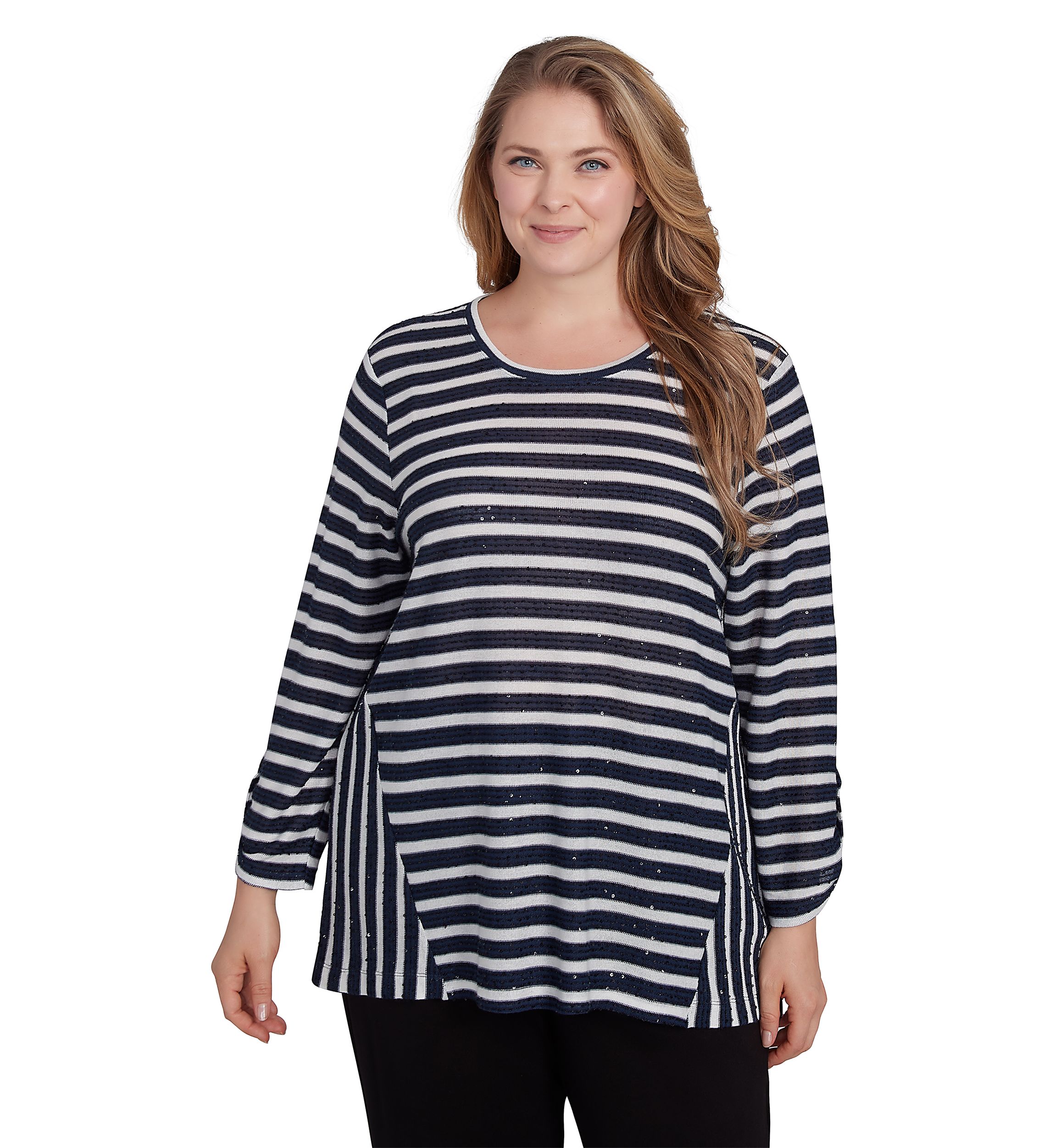 Plus Size Scoop Neck Sequin Stripe Knit Top With Spliced Stripe Inset Detail