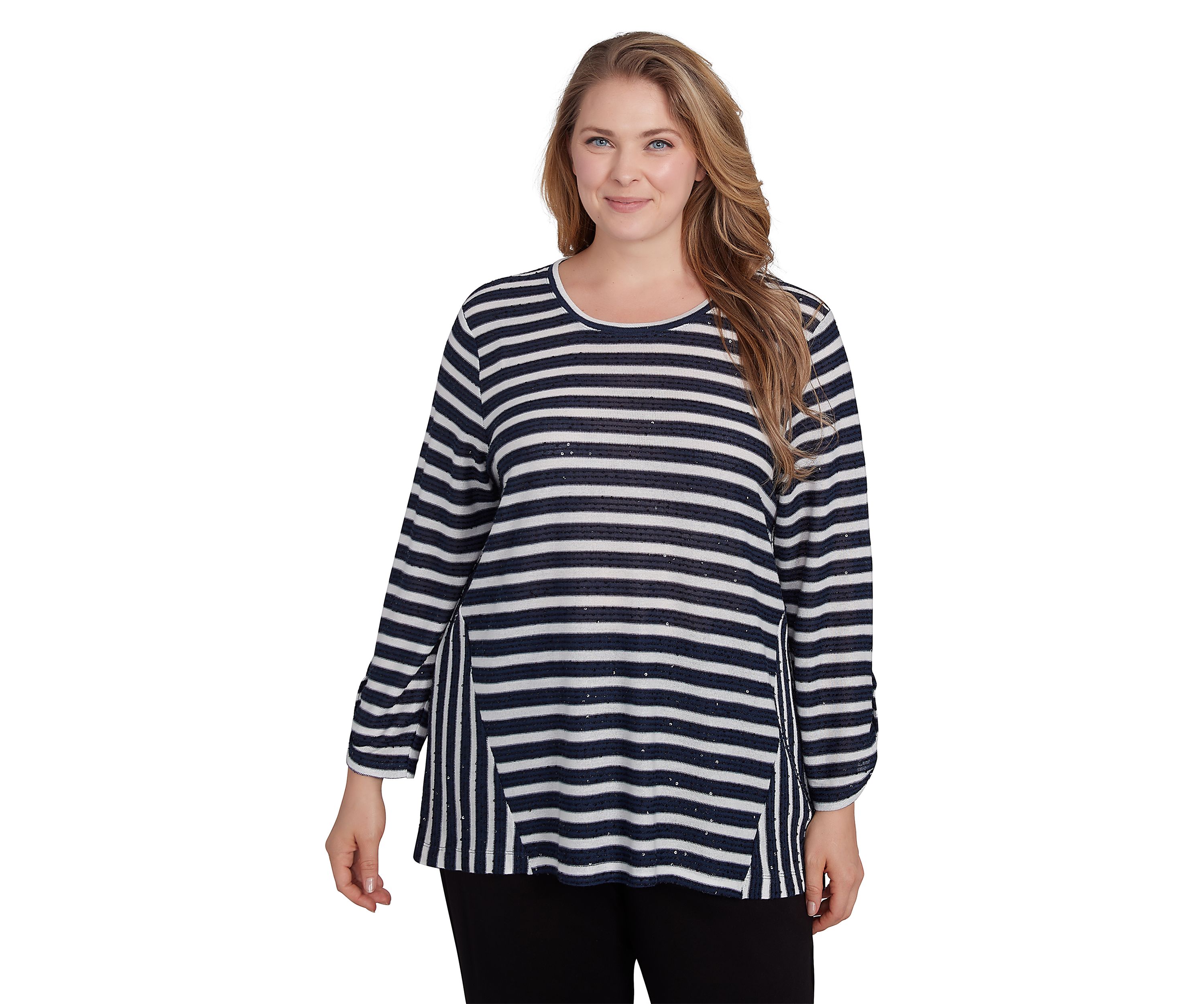 Plus Size Scoop Neck Sequin Stripe Knit Top With Spliced Stripe Inset Detail