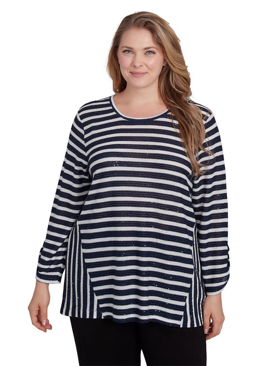 Plus Size Scoop Neck Sequin Stripe Knit Top With Spliced Stripe Inset Detail
