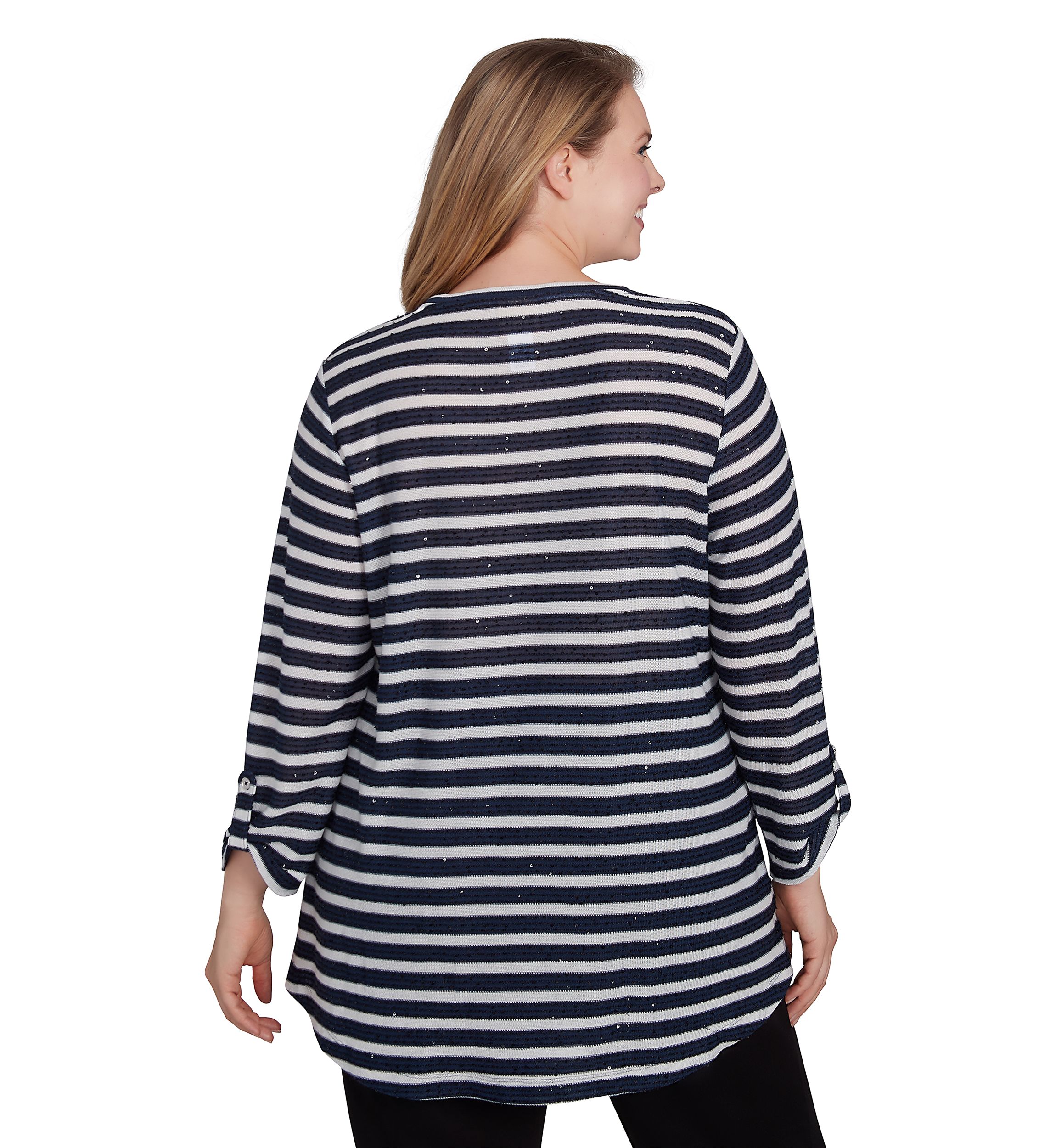 Plus Size Scoop Neck Sequin Stripe Knit Top With Spliced Stripe Inset Detail