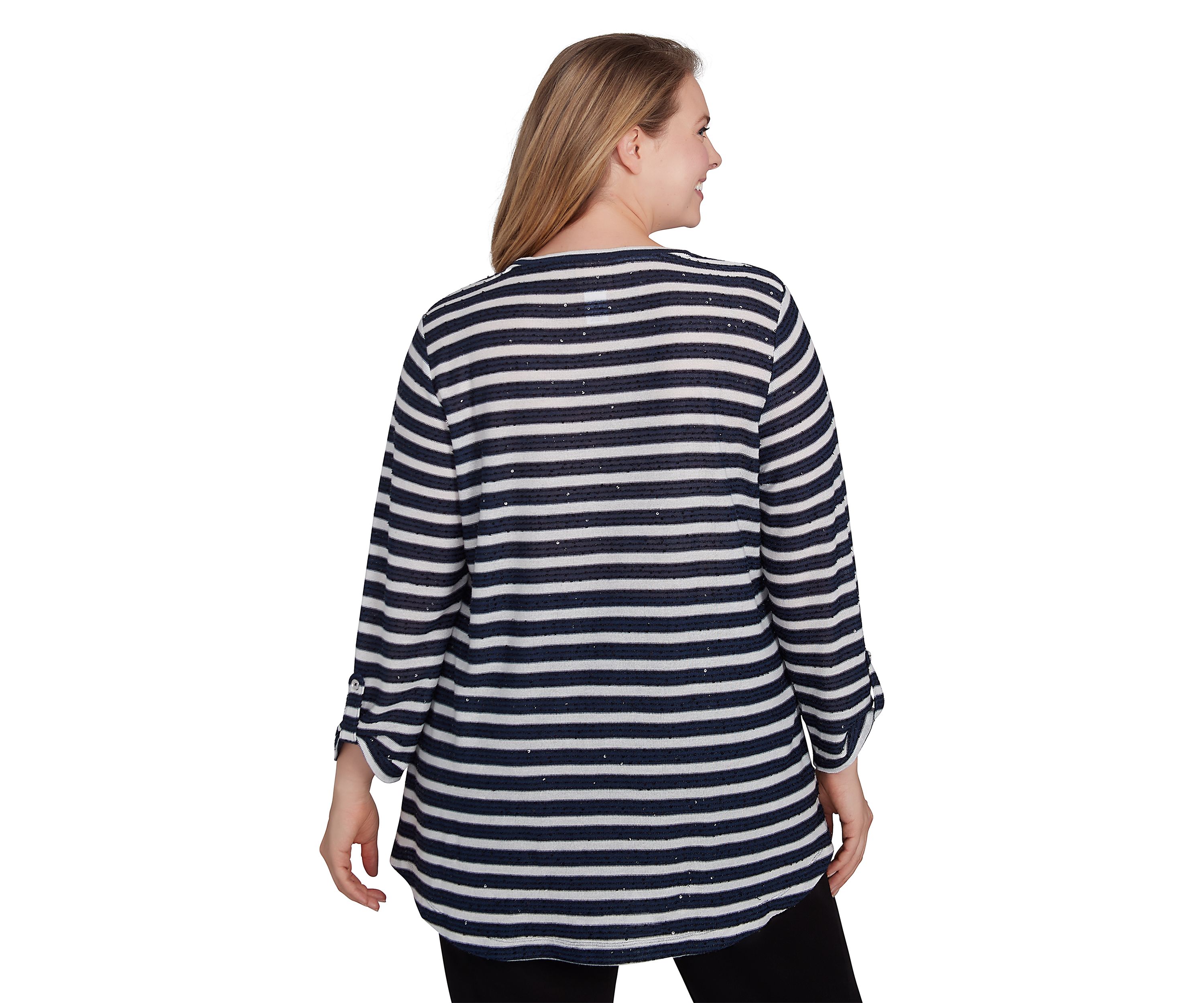 Plus Size Scoop Neck Sequin Stripe Knit Top With Spliced Stripe Inset Detail