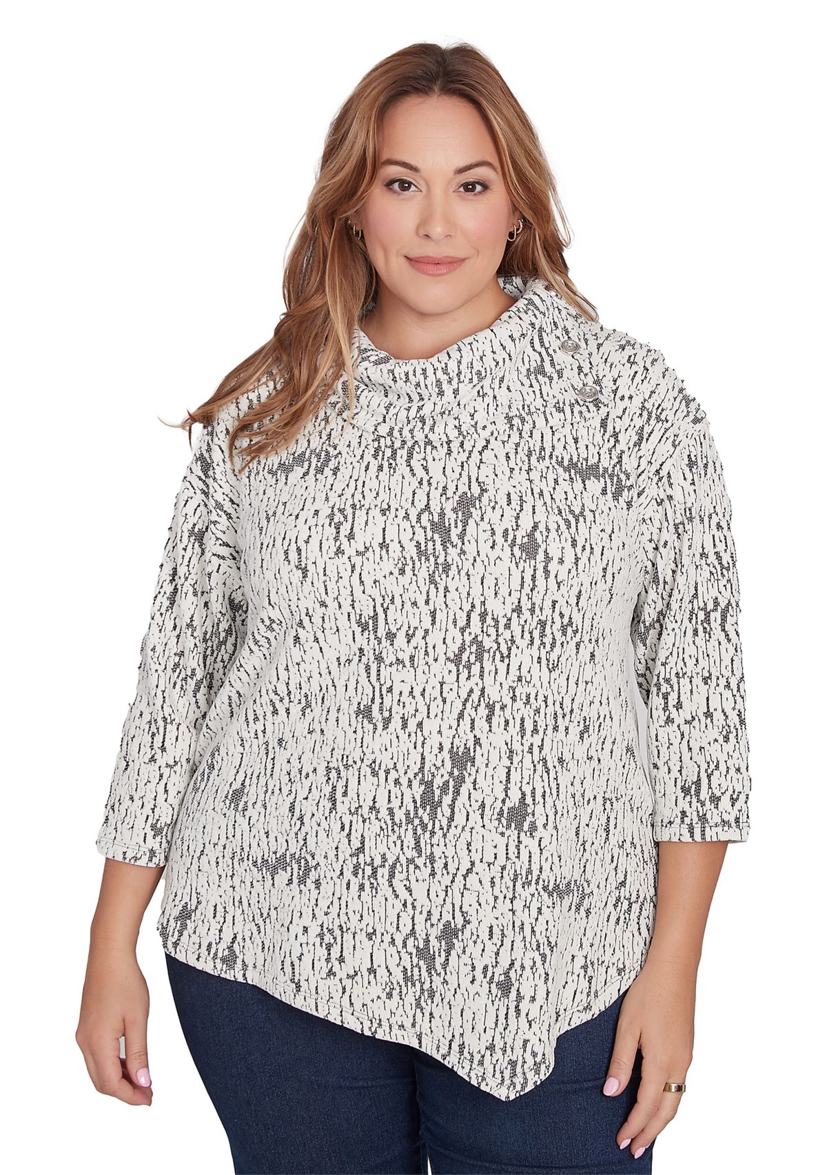 Plus Size Split Cowl Neck Fois Bois Chenille Jacquard Knit Top With Asymmetric Hem
