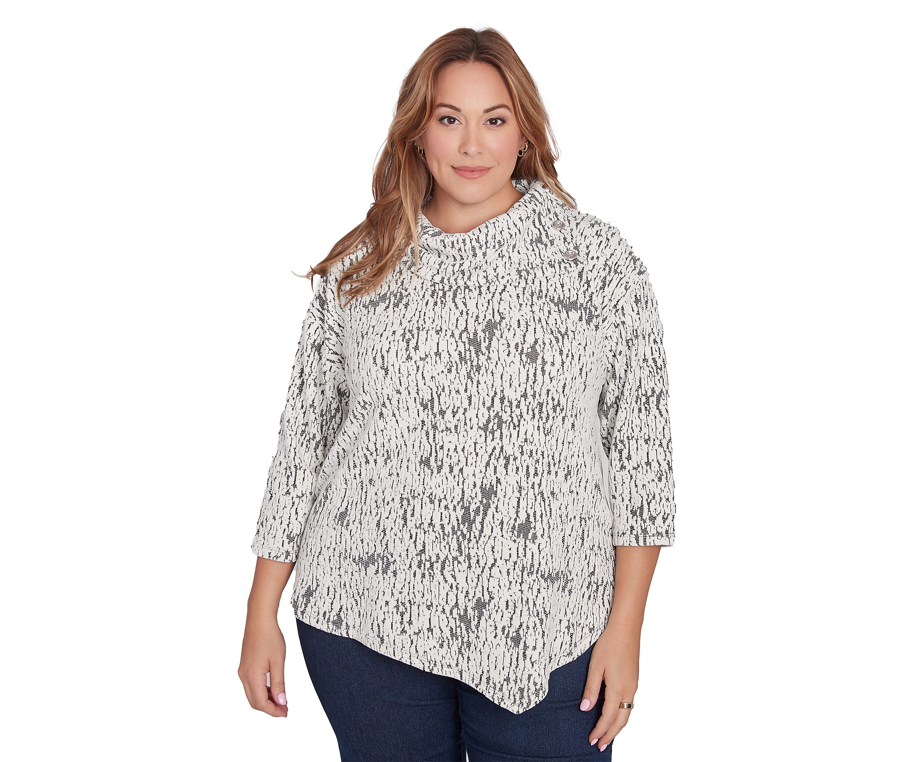 Plus Size Split Cowl Neck Fois Bois Chenille Jacquard Knit Top With Asymmetric Hem