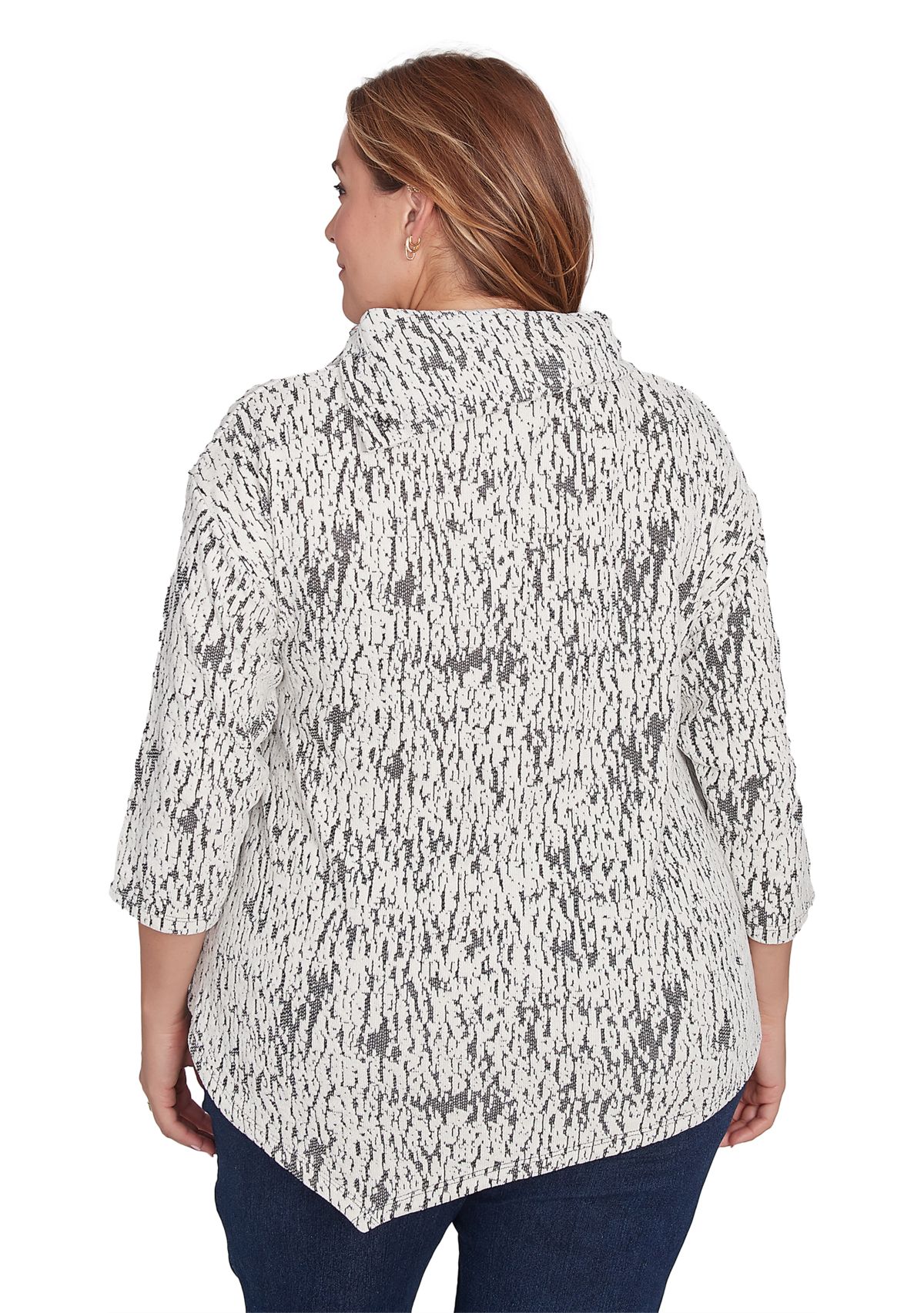 Plus Size Split Cowl Neck Fois Bois Chenille Jacquard Knit Top With Asymmetric Hem