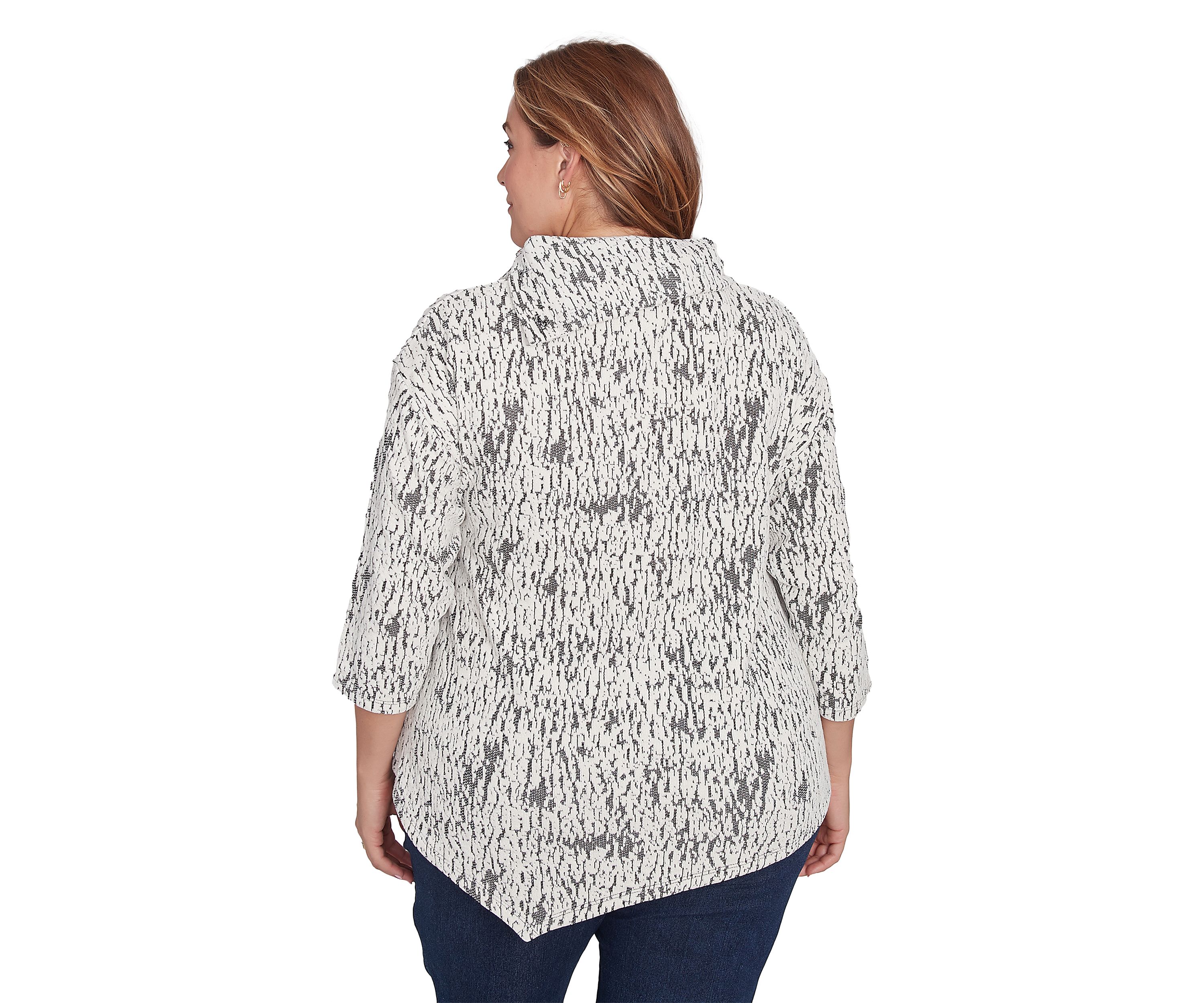 Plus Size Split Cowl Neck Fois Bois Chenille Jacquard Knit Top With Asymmetric Hem