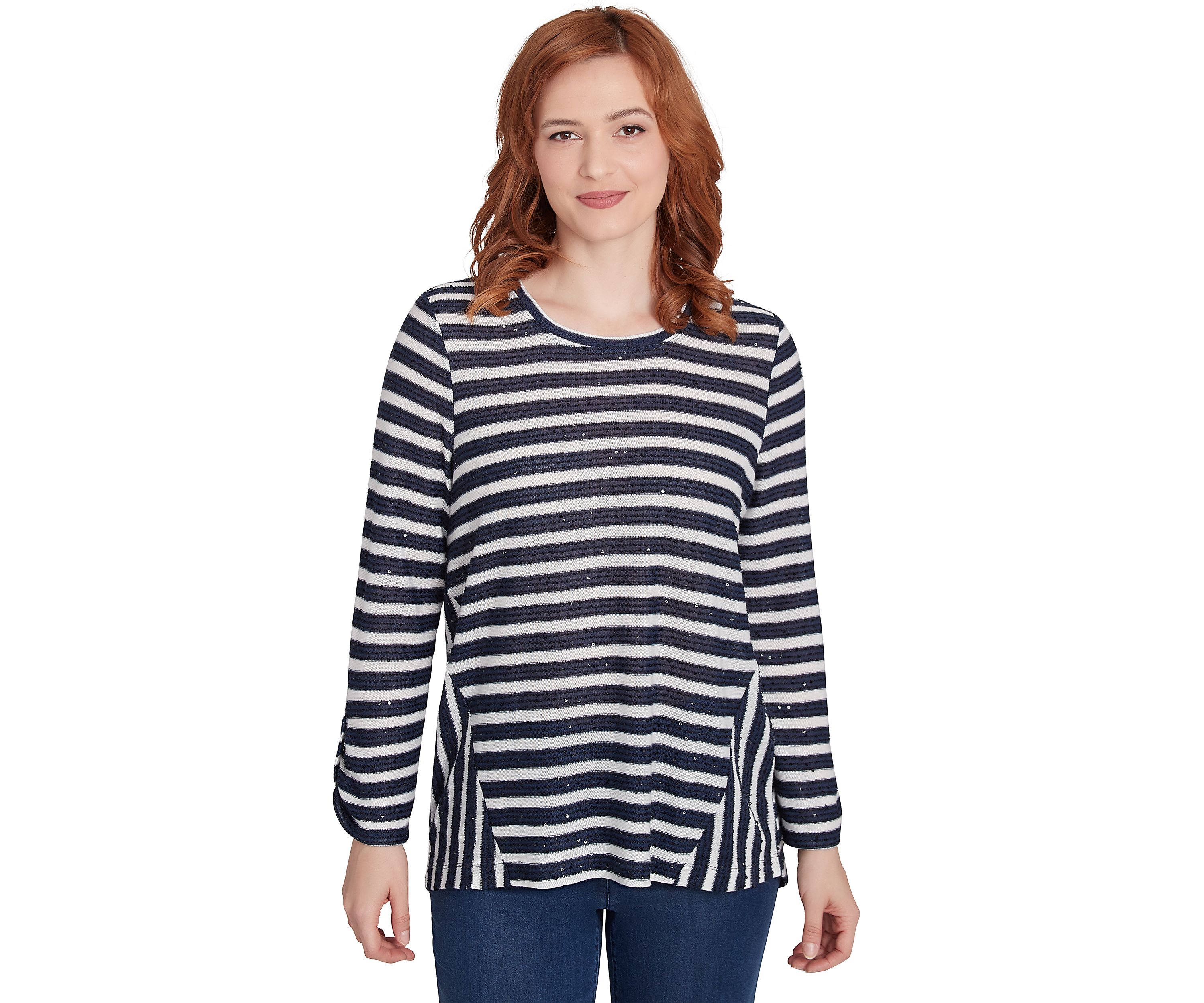 Petite Scoop Neck Sequin Stripe Knit Top with Spliced Stripe Inset Detail