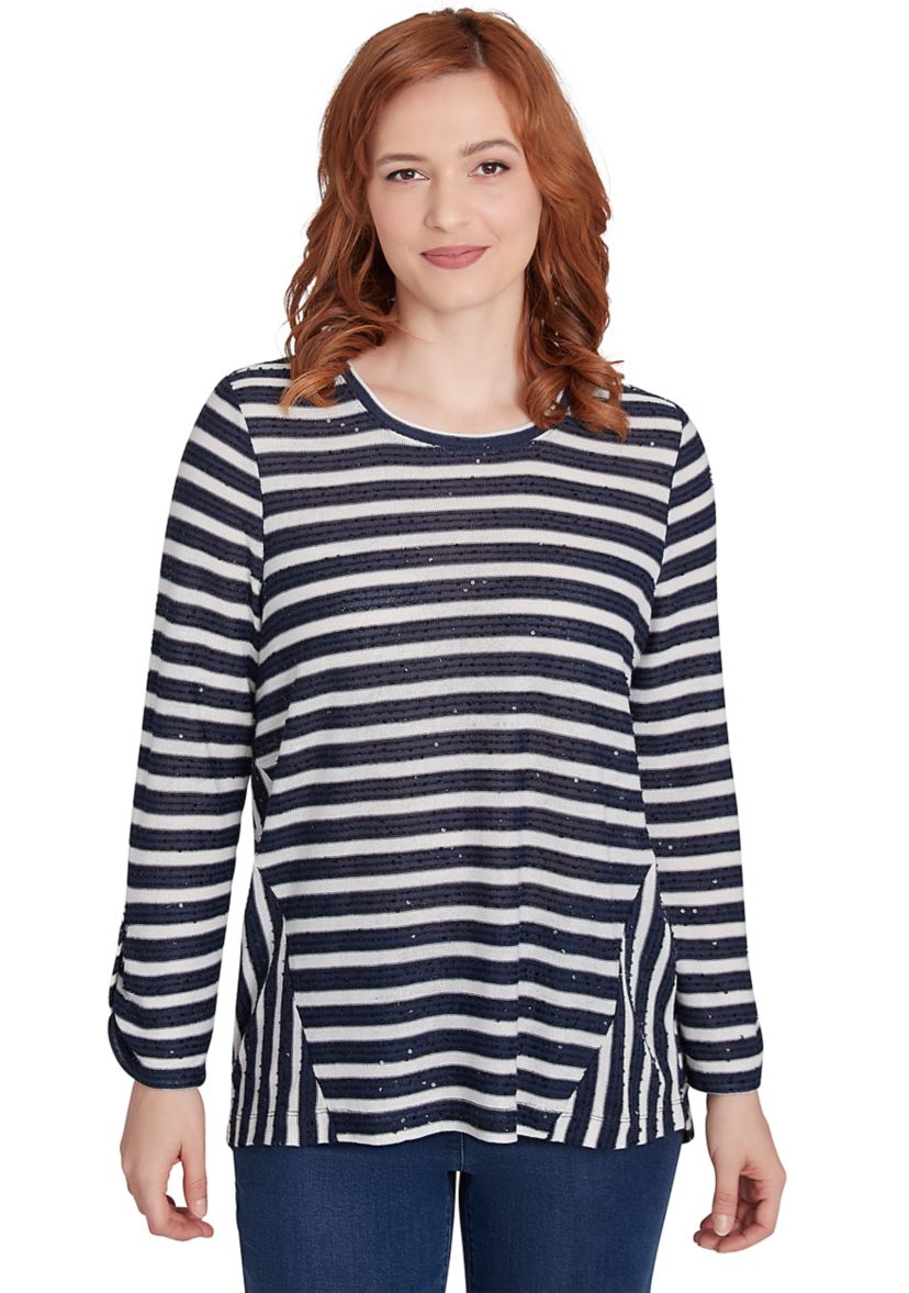 Petite Scoop Neck Sequin Stripe Knit Top with Spliced Stripe Inset Detail