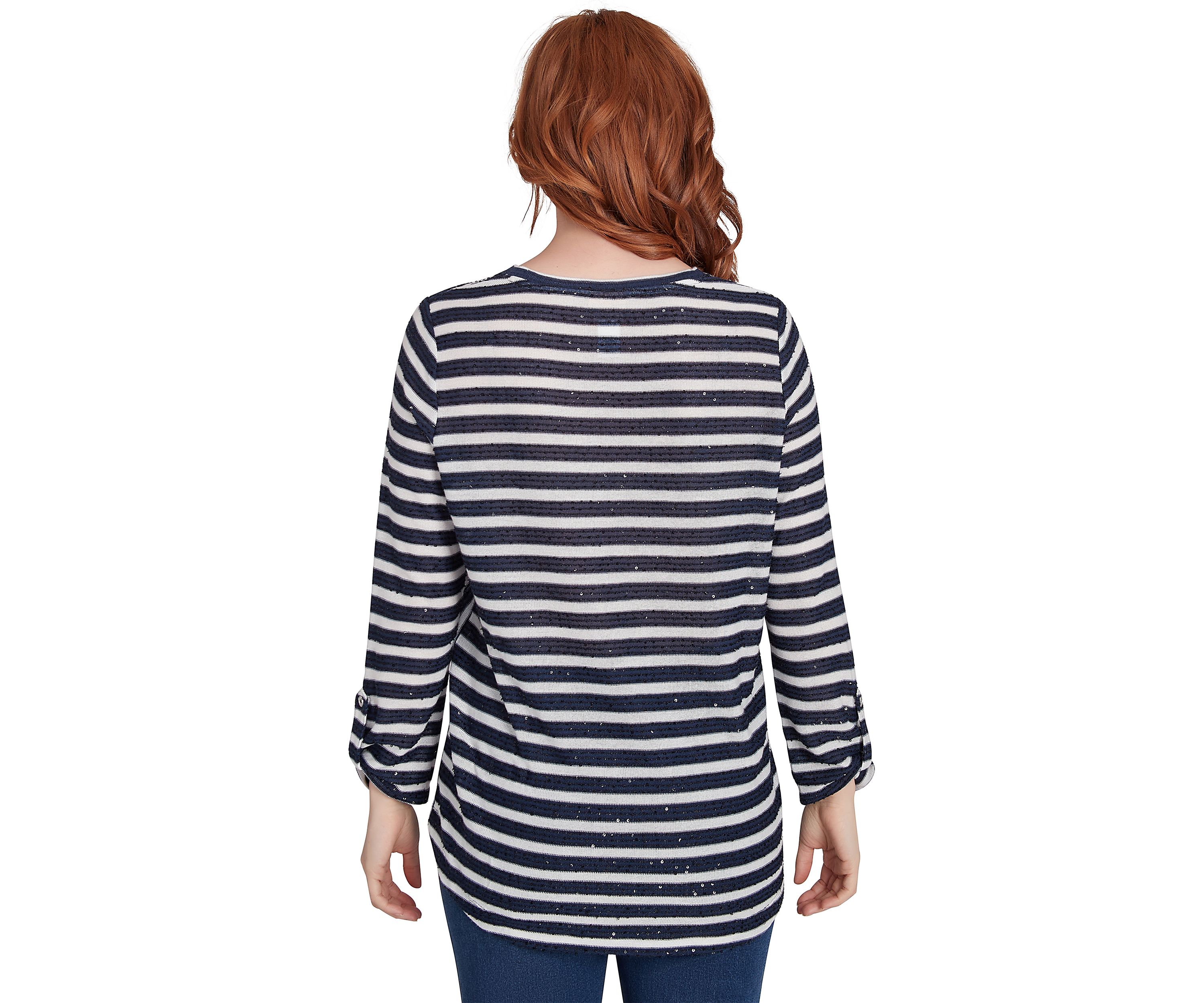 Petite Scoop Neck Sequin Stripe Knit Top with Spliced Stripe Inset Detail