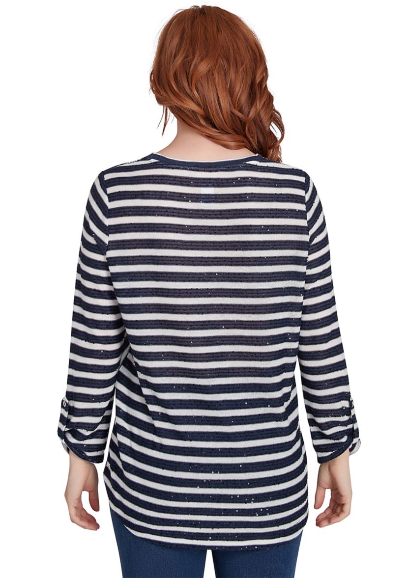 Petite Scoop Neck Sequin Stripe Knit Top with Spliced Stripe Inset Detail
