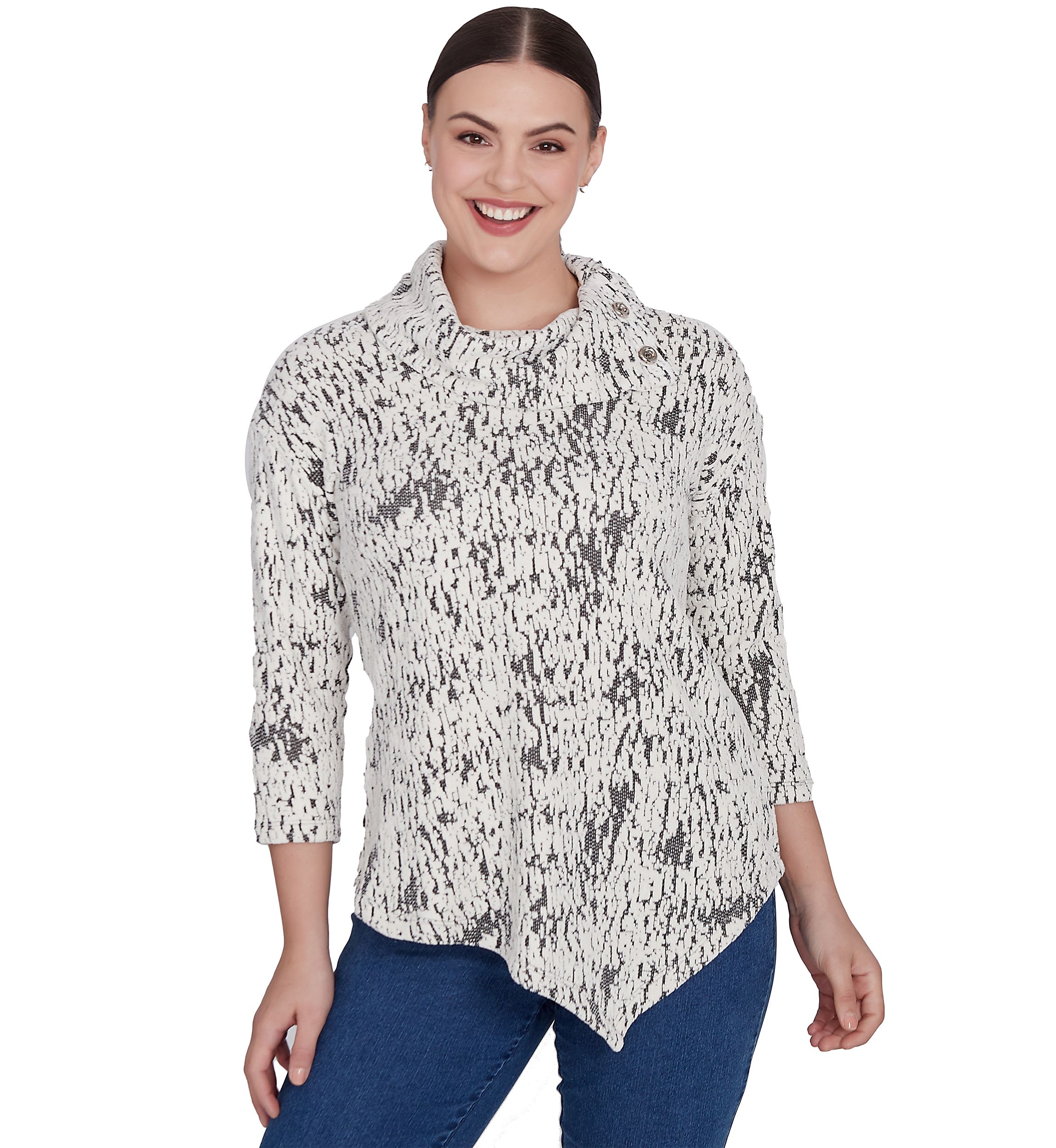 Petite Cowl Neck Fois Bois Chenille Jacquard Knit Top with Asymmetric Hem