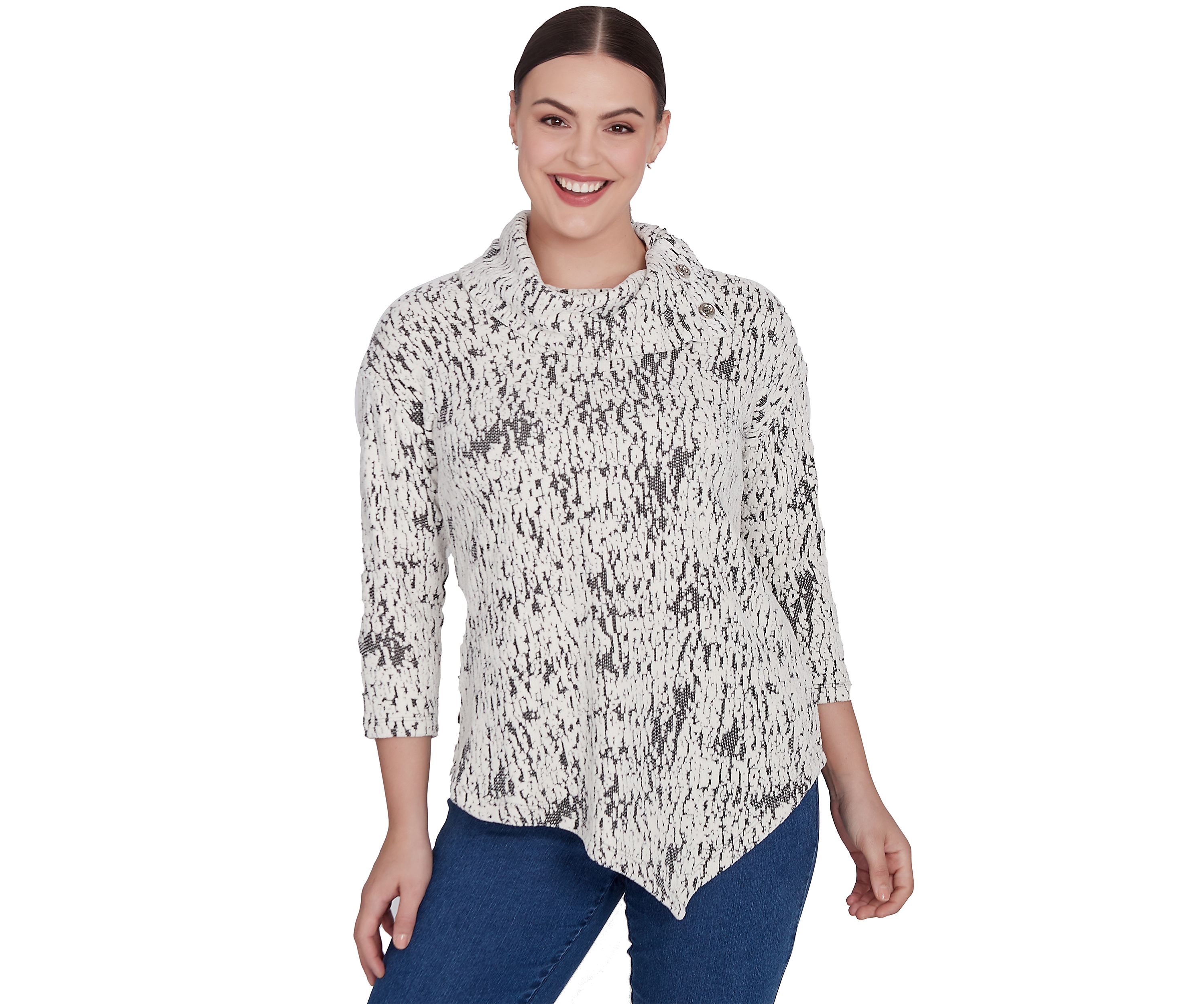 Petite Cowl Neck Fois Bois Chenille Jacquard Knit Top with Asymmetric Hem