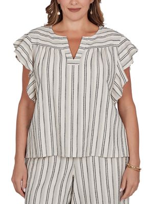 Ruby Rd Women's Plus Size Flutter Sleeve Textured Stripe Top
