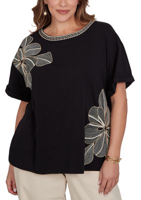 Ruby Rd Women's Plus Size Floral Noir Embroidered Knit T-Shirt
