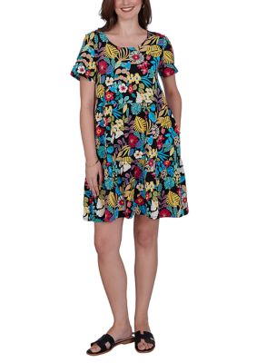 Ruby Rd Women's Plus Size Tropical Print Tiered Cotton Knit Pocket Dress, 3X