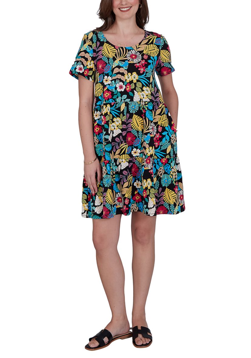 Ruby Rd Women's Plus Size Tropical Print Tiered Cotton Knit Pocket Dress, 2X