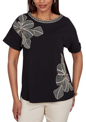 Ruby Rd Women's Petite Floral Noir Embroidered Knit T-Shirt