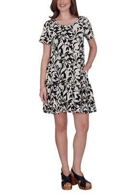 Ruby Rd Women's Petite Mono Floral Tiered Cotton Knit Pocket Dress