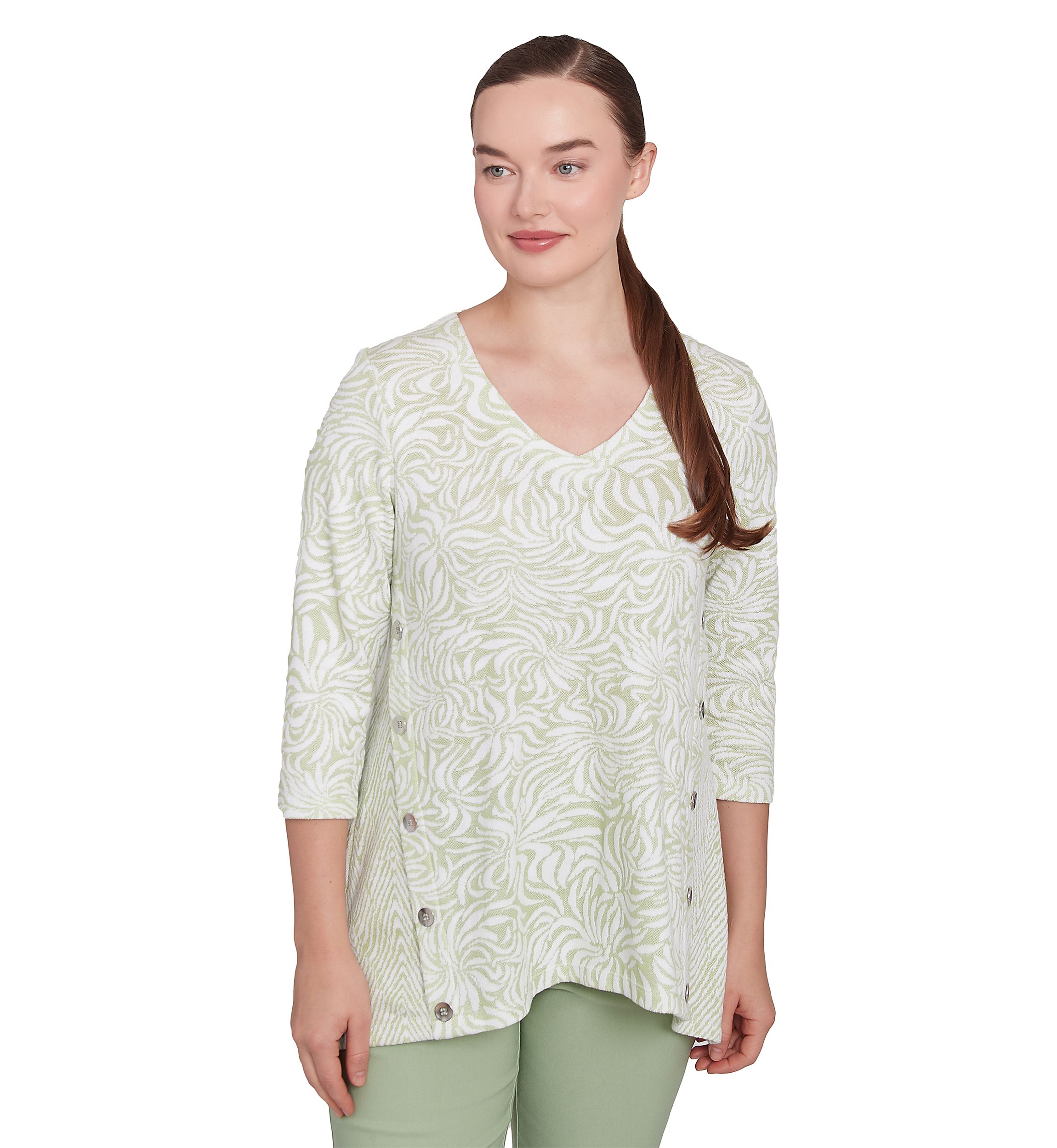 Womens Swirl Jacquard Button Knit Top